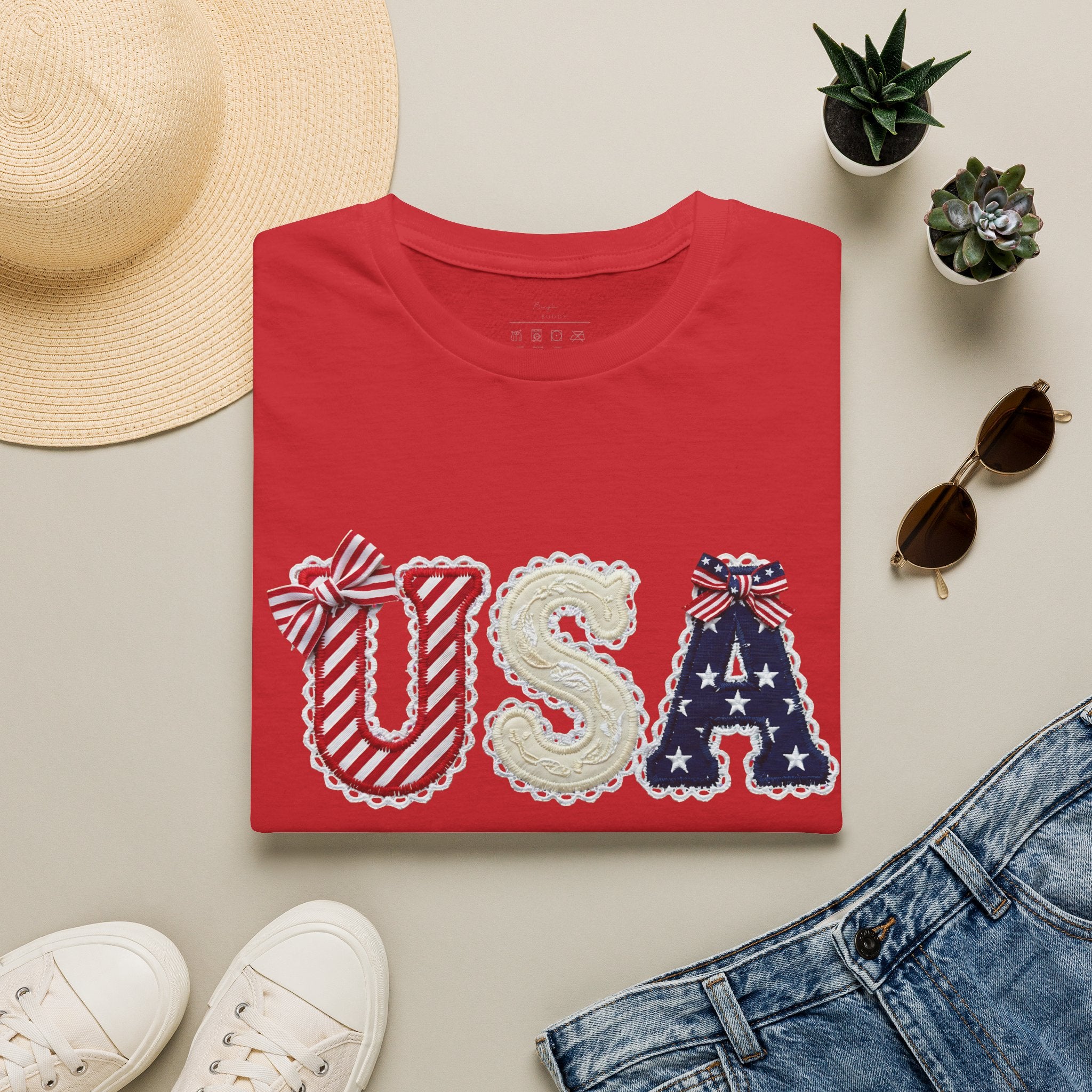 USA Applique T-Shirt — Patriotic 4th of July Flag Letter Tee