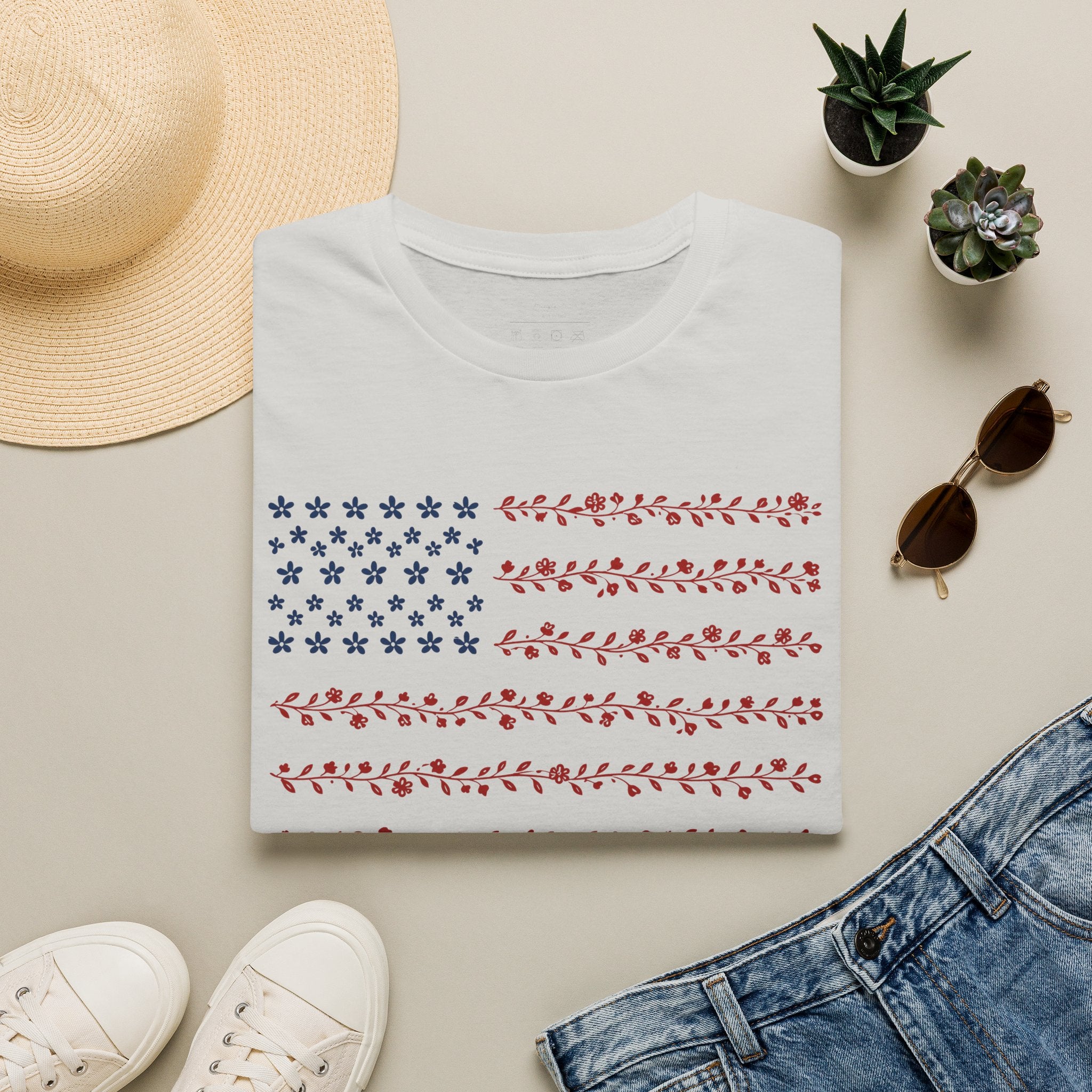Floral American Flag T-Shirt — Patriotic Red & Blue Botanical Tee for 4th of July