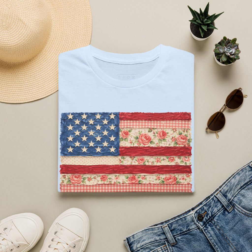 Patriotic Floral American Flag T-Shirt — Vintage Rose USA Tee for Fourth of July