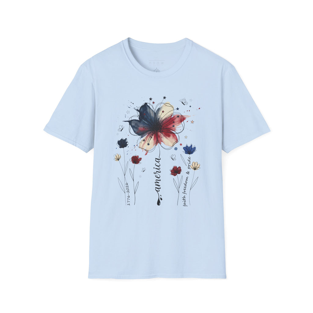 Butterfly Watercolor T-Shirt — Patriotic Red White Blue Floral Graphic