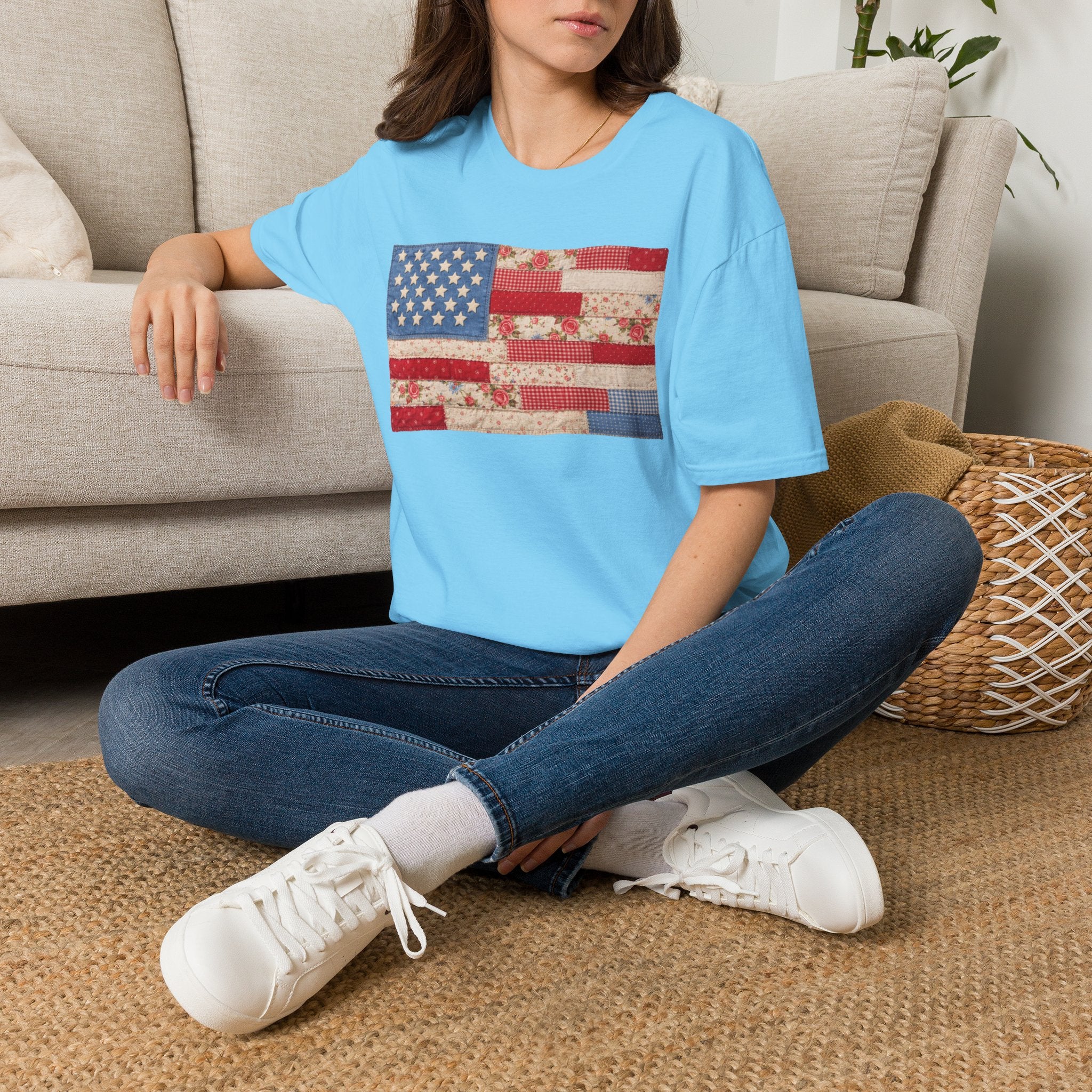 Patchwork American Flag T-Shirt — Vintage Floral Patriotic Tee