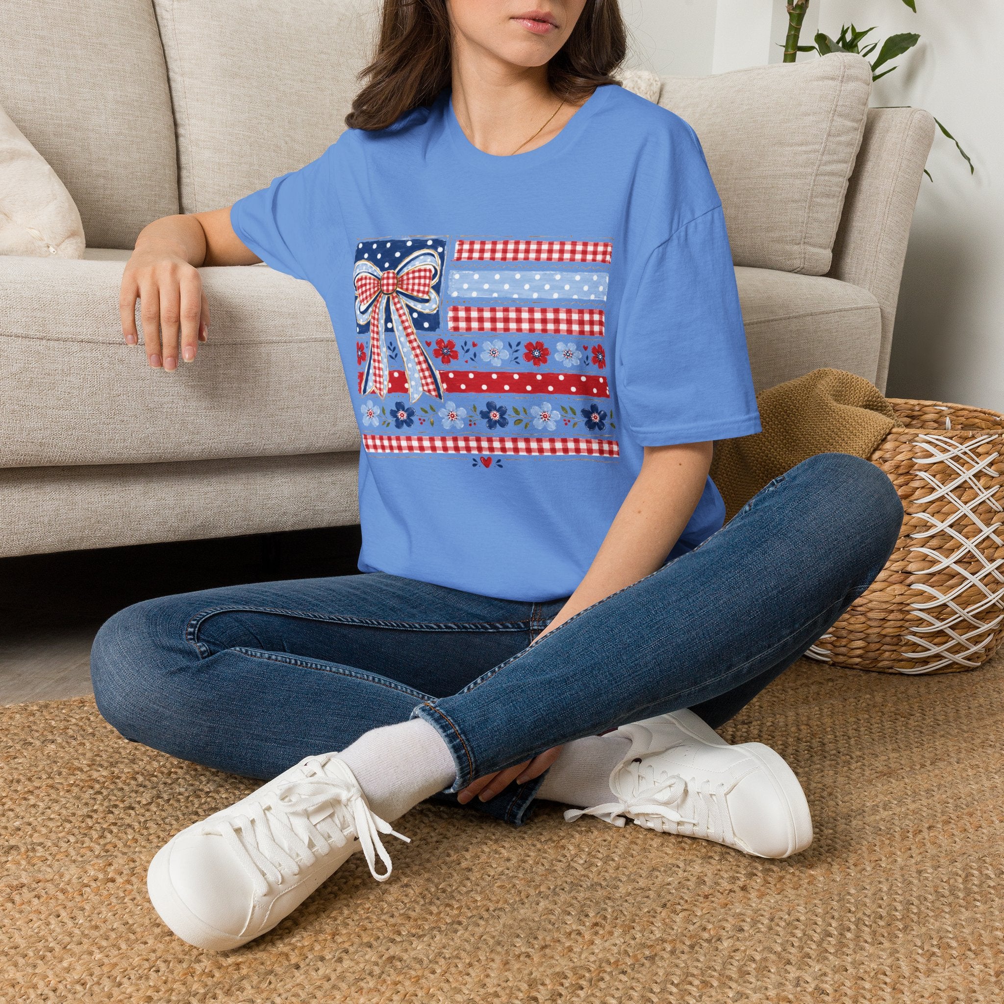 Patriotic Bow Flag T-Shirt – Red White Blue American Floral Plaid Tee