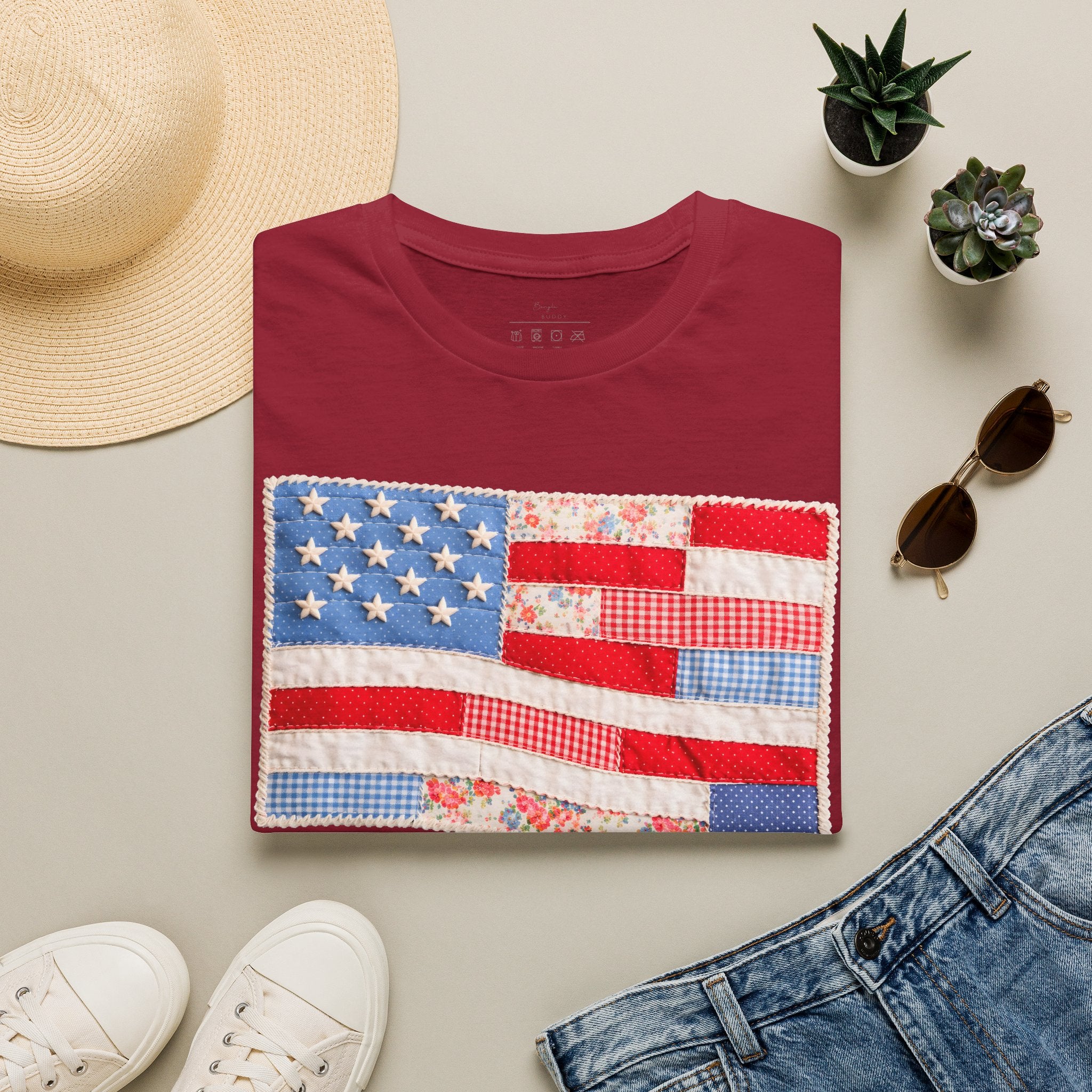 American Patchwork Flag T-Shirt — Vintage Floral Stars & Stripes Tee for 4th of July