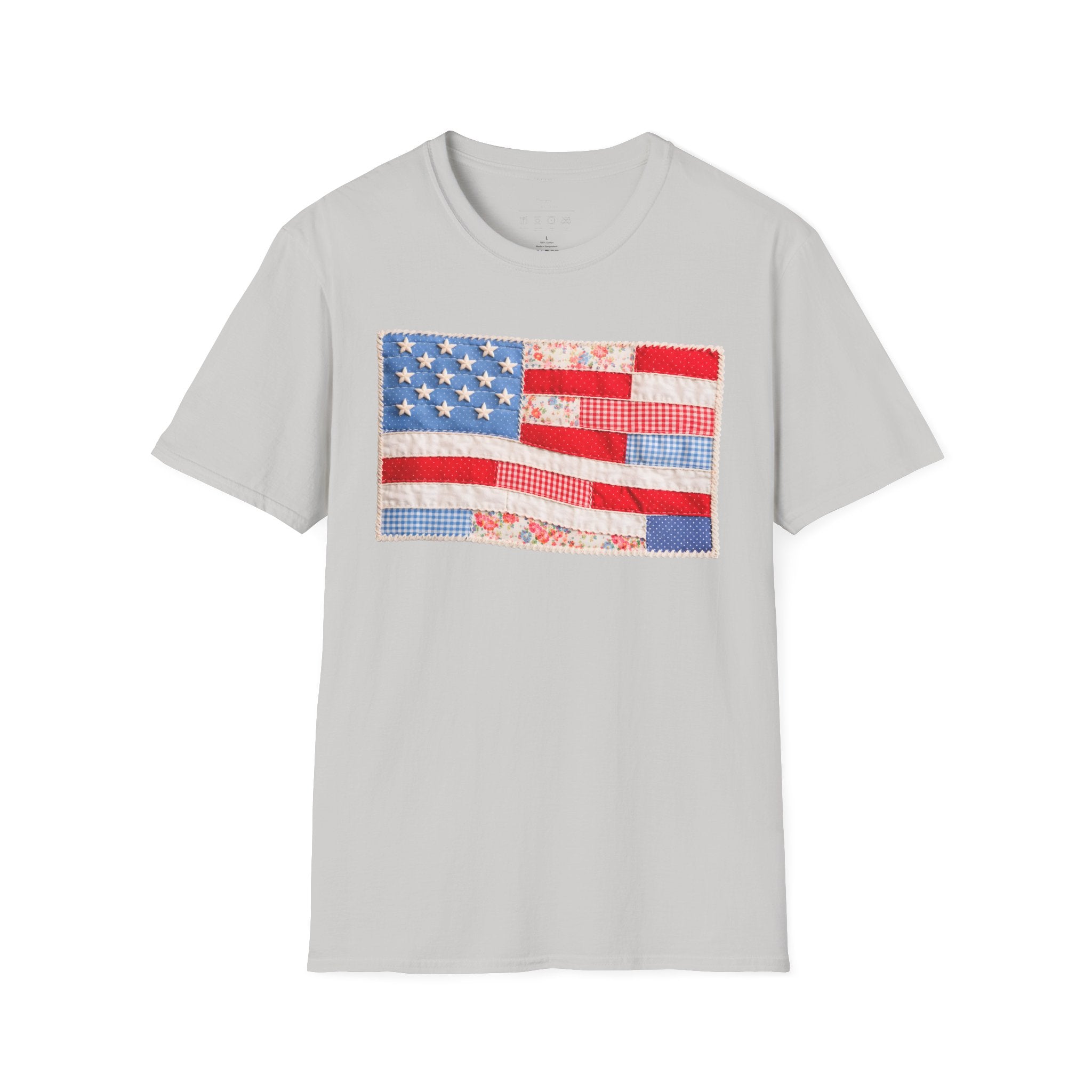 American Patchwork Flag T-Shirt — Vintage Floral Stars & Stripes Tee for 4th of July