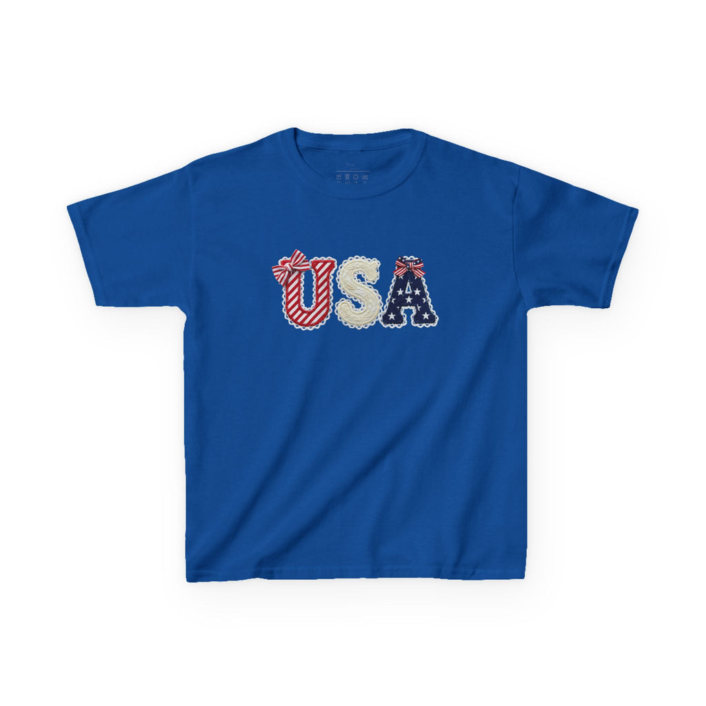 Youth, Kids USA Patriotic Tee — Red White & Blue Flag Letters