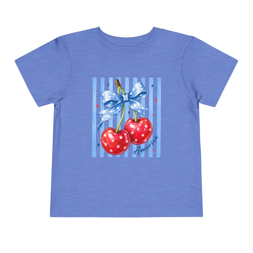 Toddler Tee Cherry Bow   — Cute Red Cherries with Blue Stripes