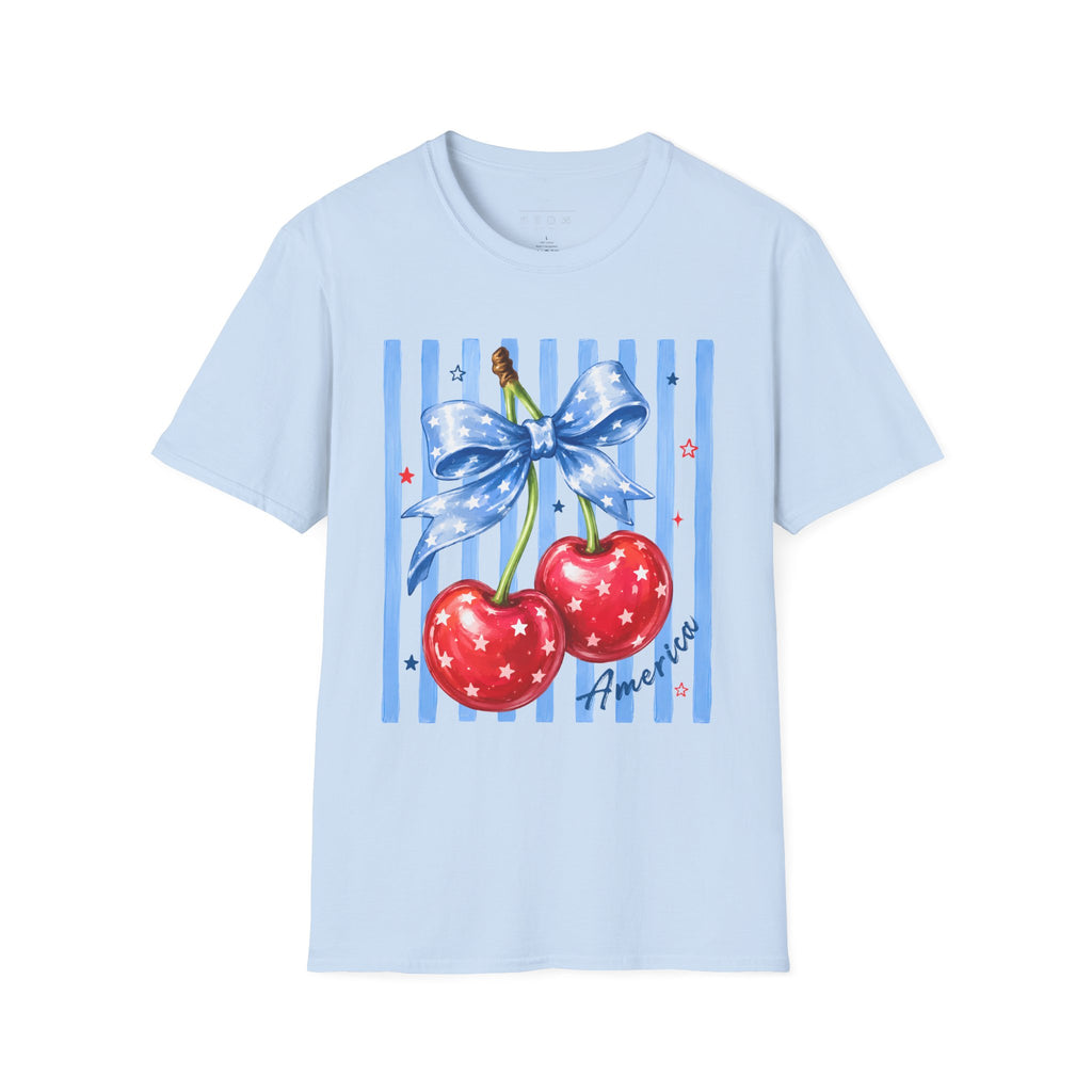 Cherry Graphic T-Shirt — Blue Bow & Striped Summer Tee