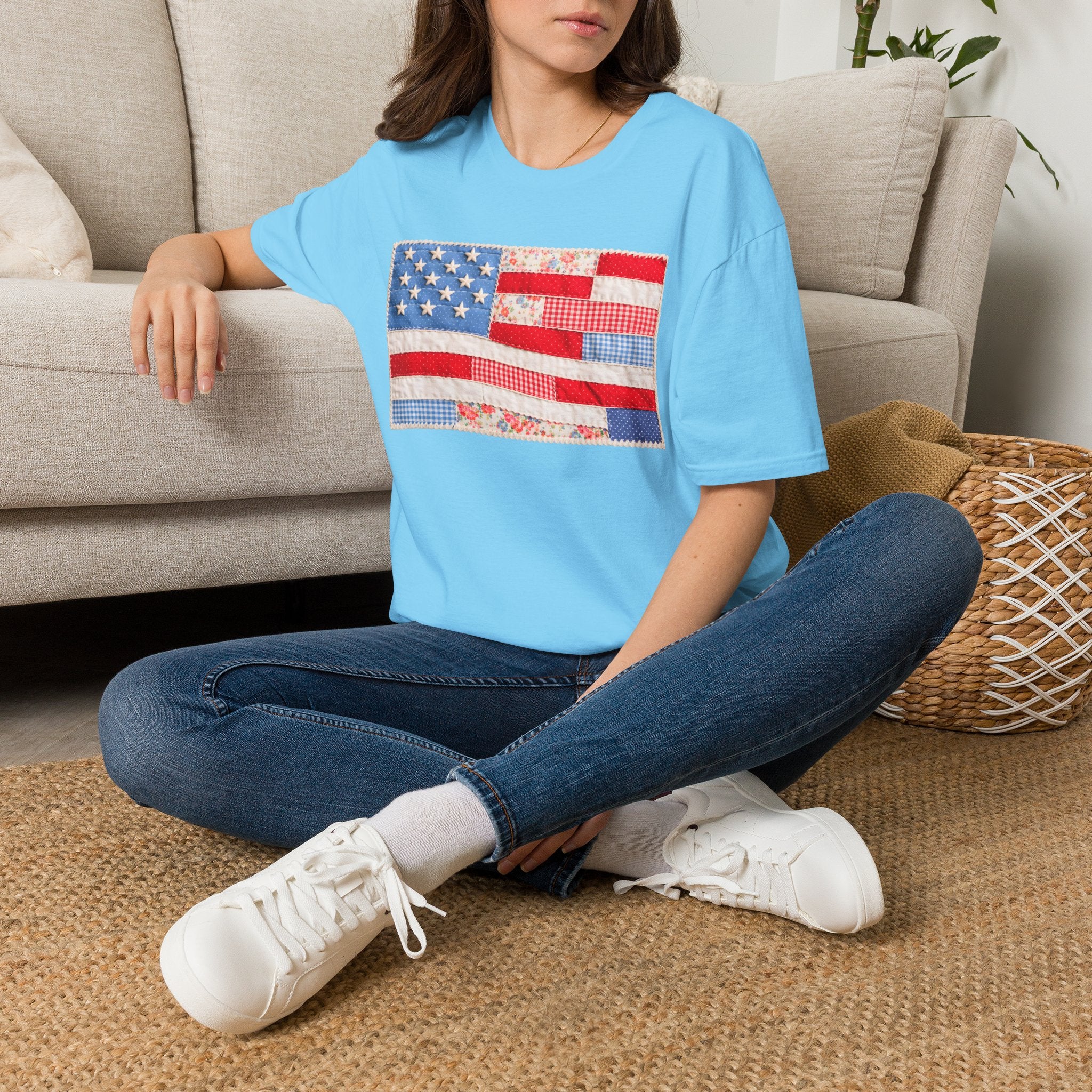 American Patchwork Flag T-Shirt — Vintage Floral Stars & Stripes Tee for 4th of July