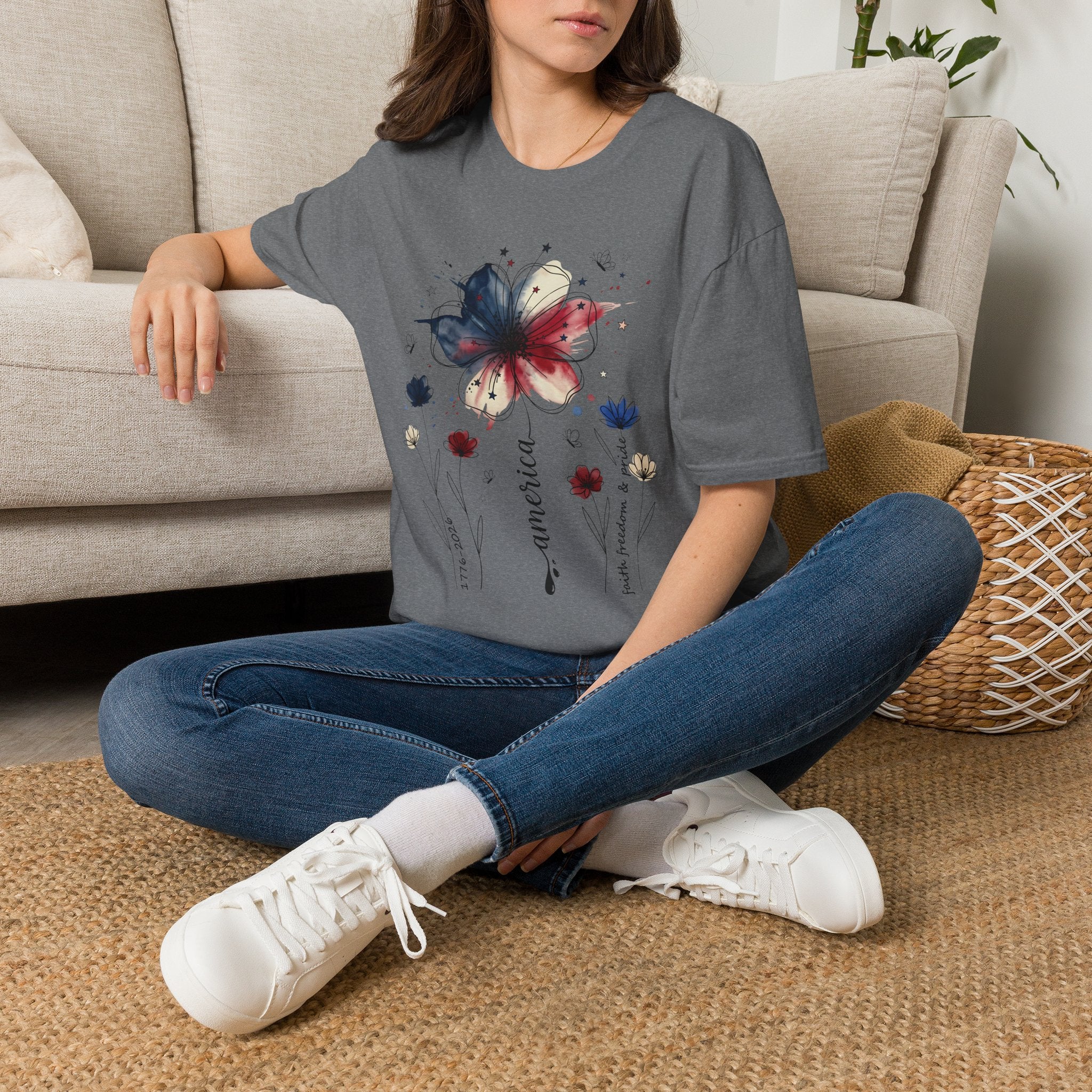 Butterfly Watercolor T-Shirt — Patriotic Red White Blue Floral Graphic