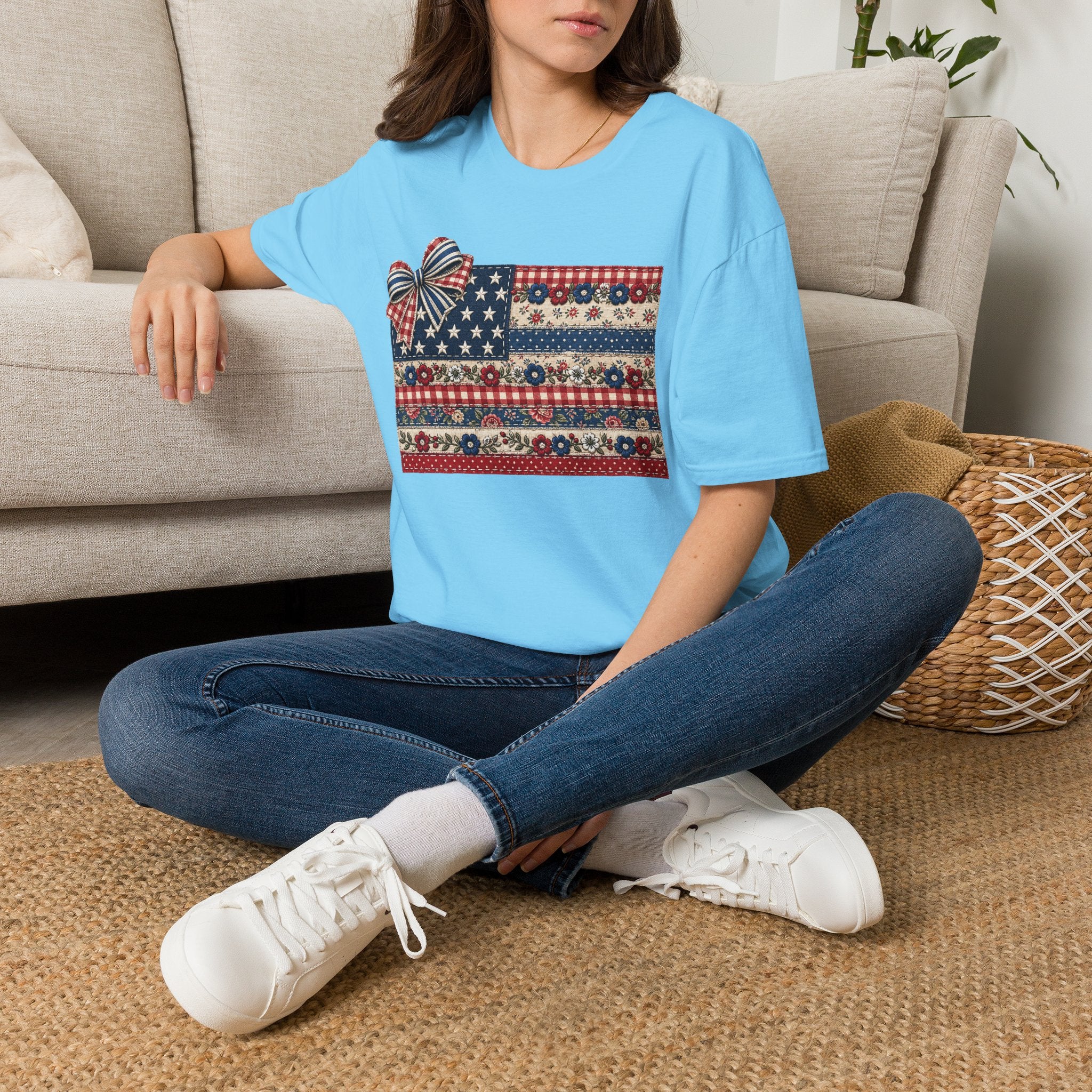 Patriotic Floral Flag T-Shirt — Americana Bow Stars & Stripes Top