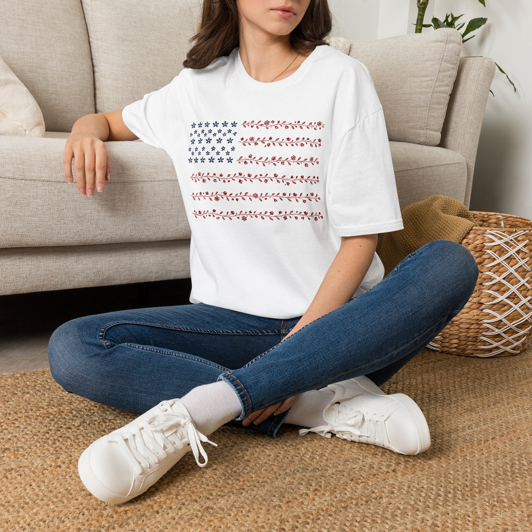 Floral American Flag T-Shirt — Patriotic Red & Blue Botanical Tee for 4th of July