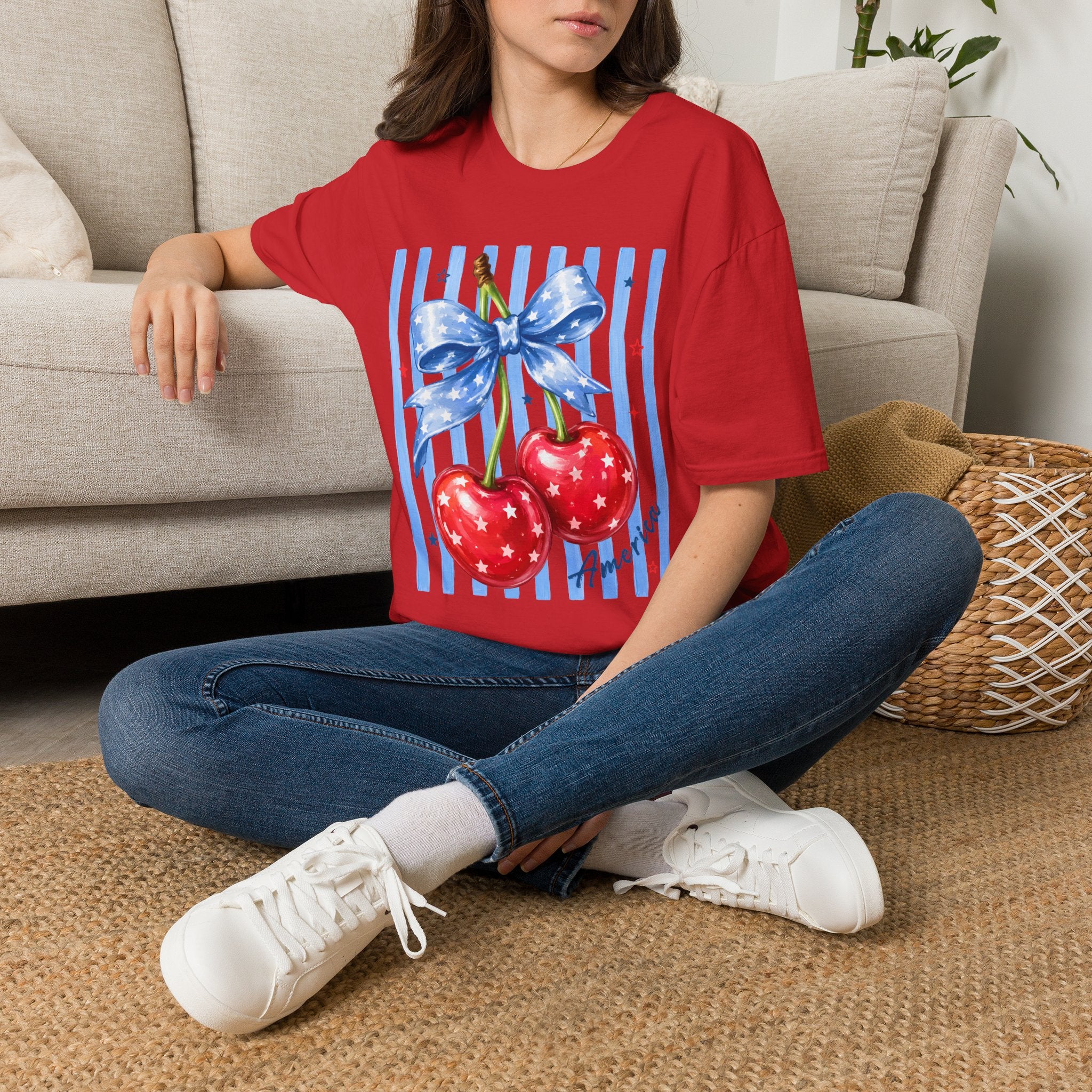 Cherry Graphic T-Shirt — Blue Bow & Striped Summer Tee