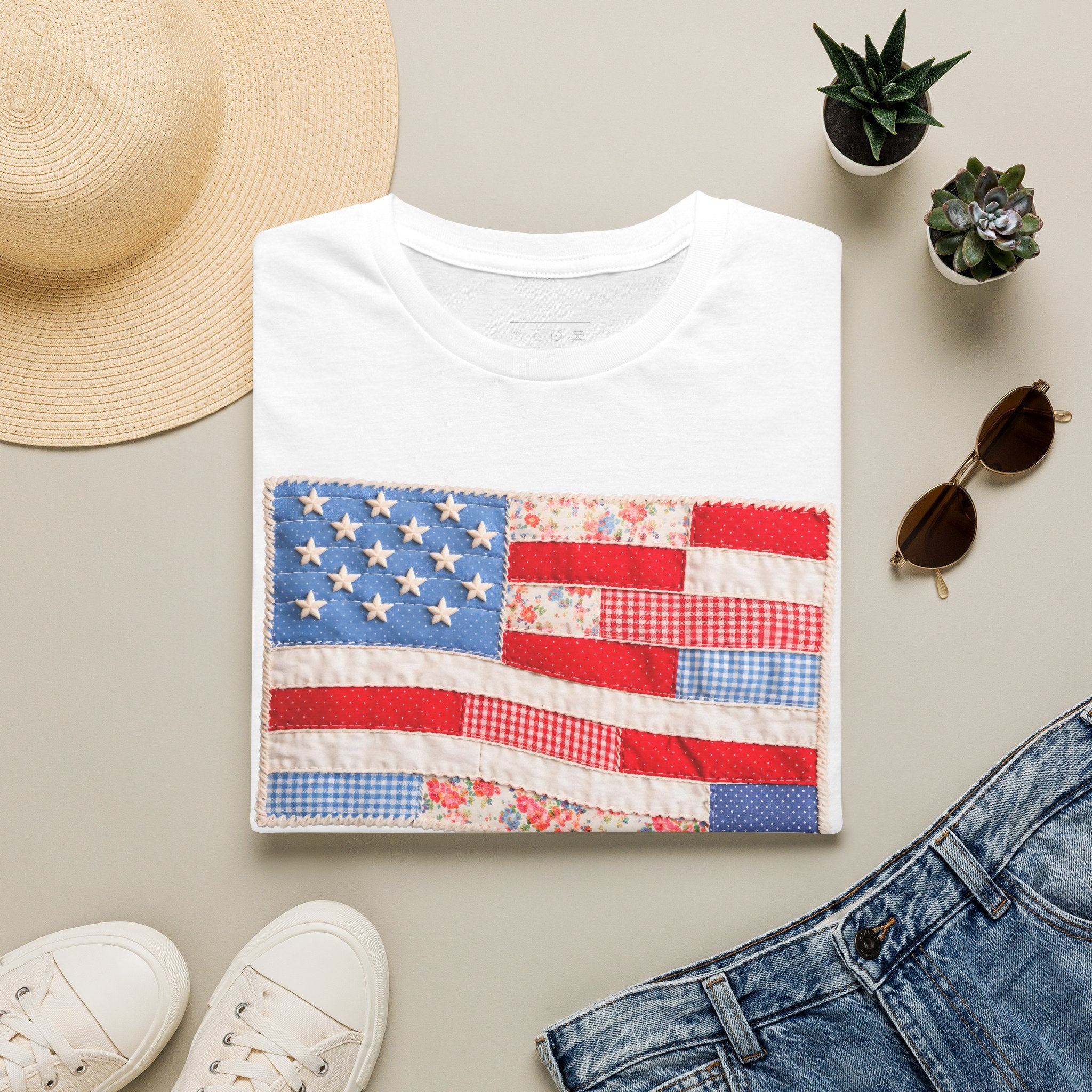 American Patchwork Flag T-Shirt — Vintage Floral Stars & Stripes Tee for 4th of July