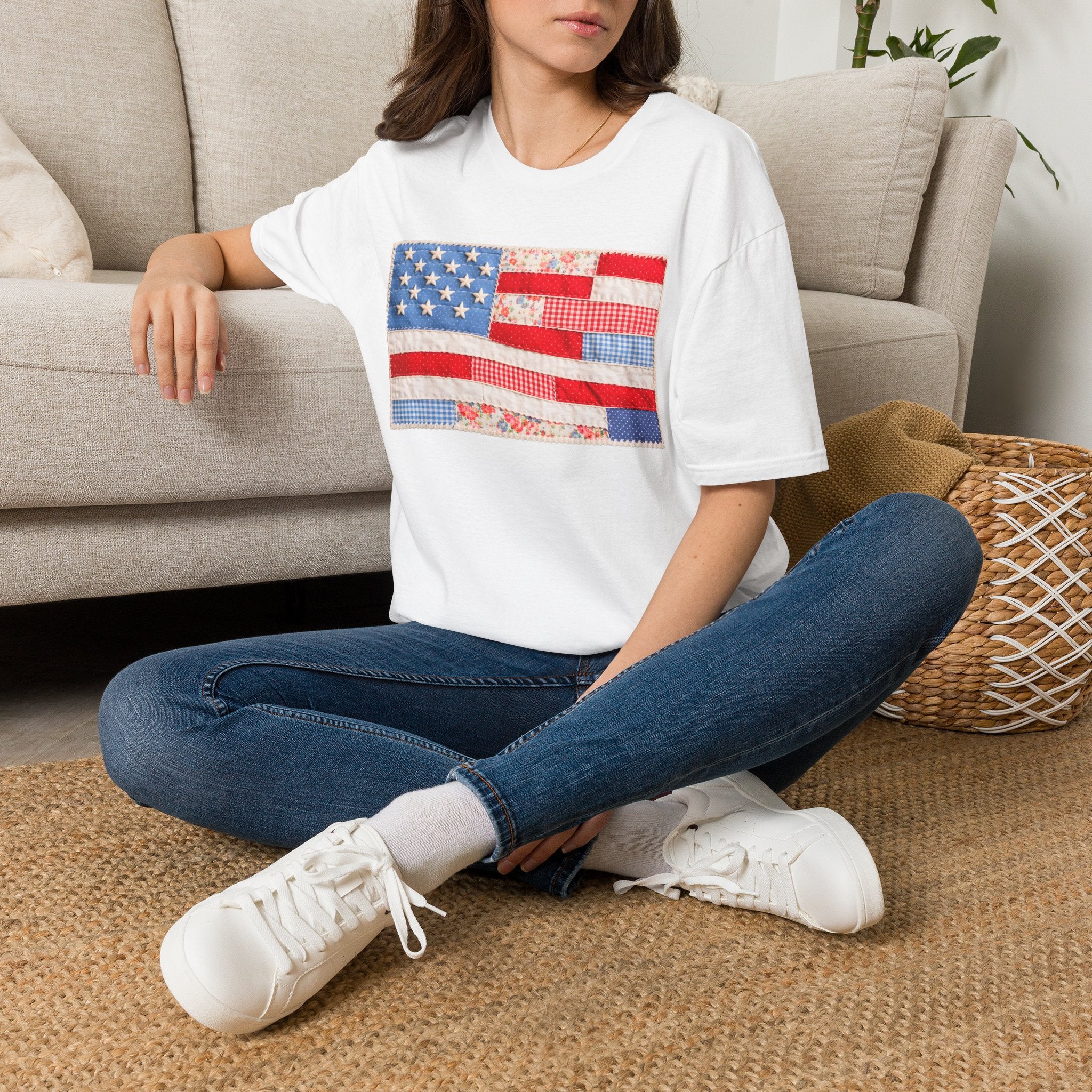 American Patchwork Flag T-Shirt — Vintage Floral Stars & Stripes Tee for 4th of July