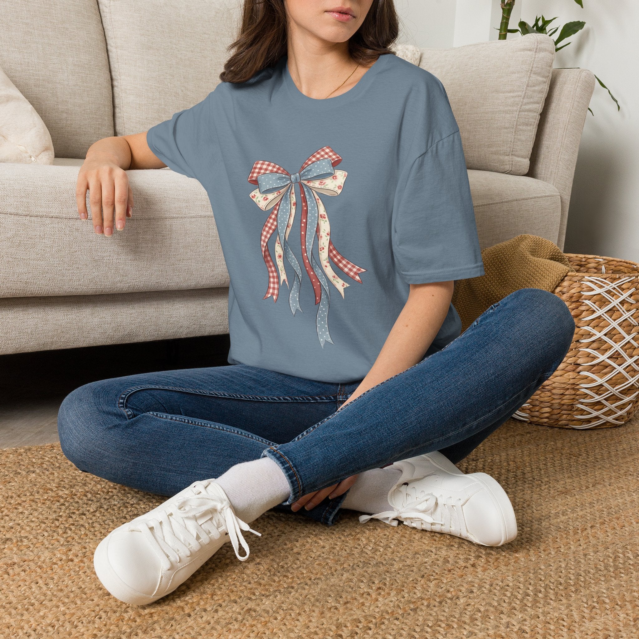 Bow Ribbon T-Shirt — Vintage Americana Floral & Gingham Bow Tee