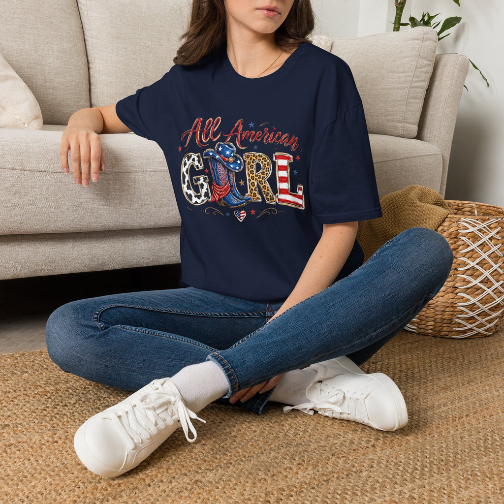 All American Girl T-Shirt — Patriotic USA Leopard & Flag Graphic Tee
