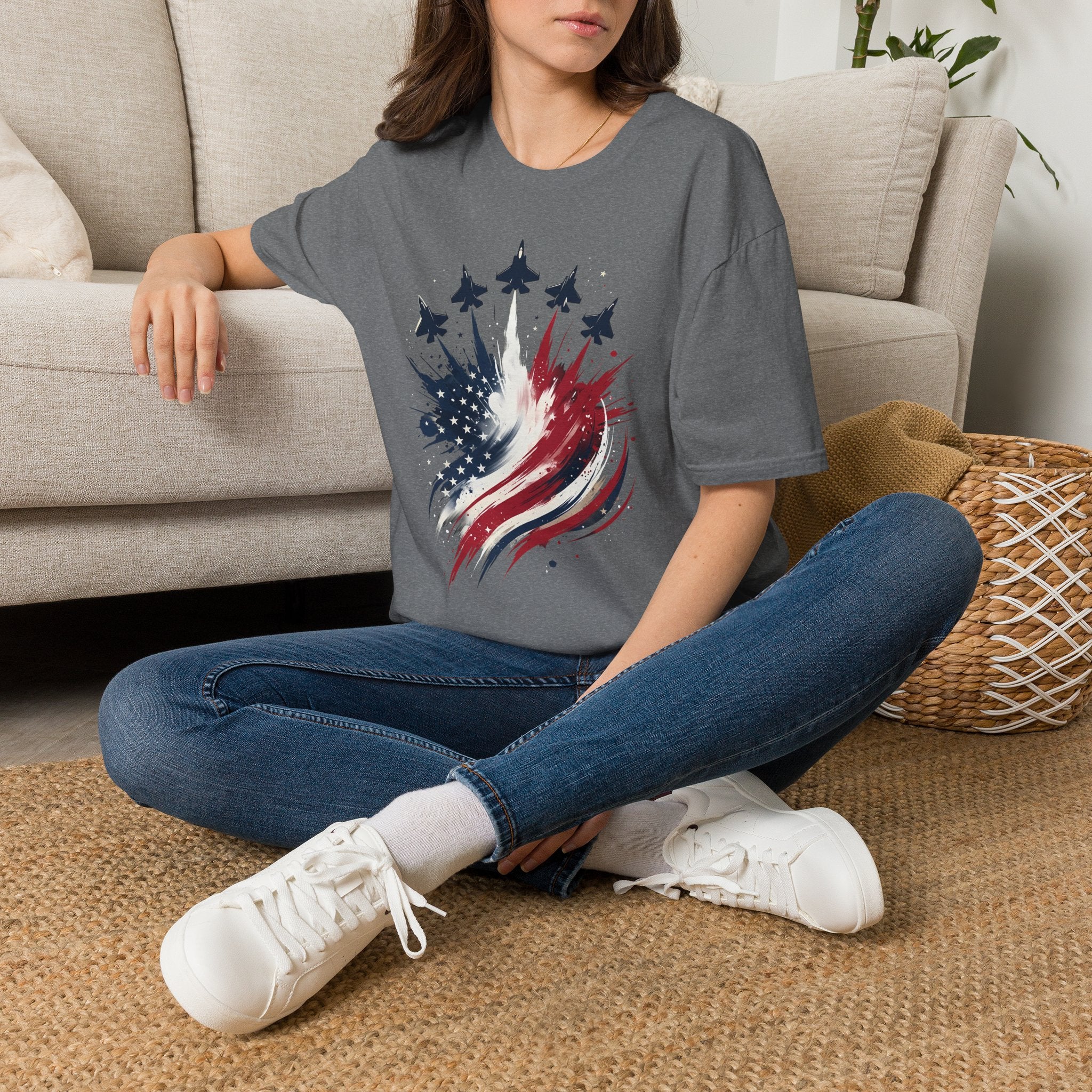 T-Shirt — Patriotic Jet Flyover with American Flag Splash