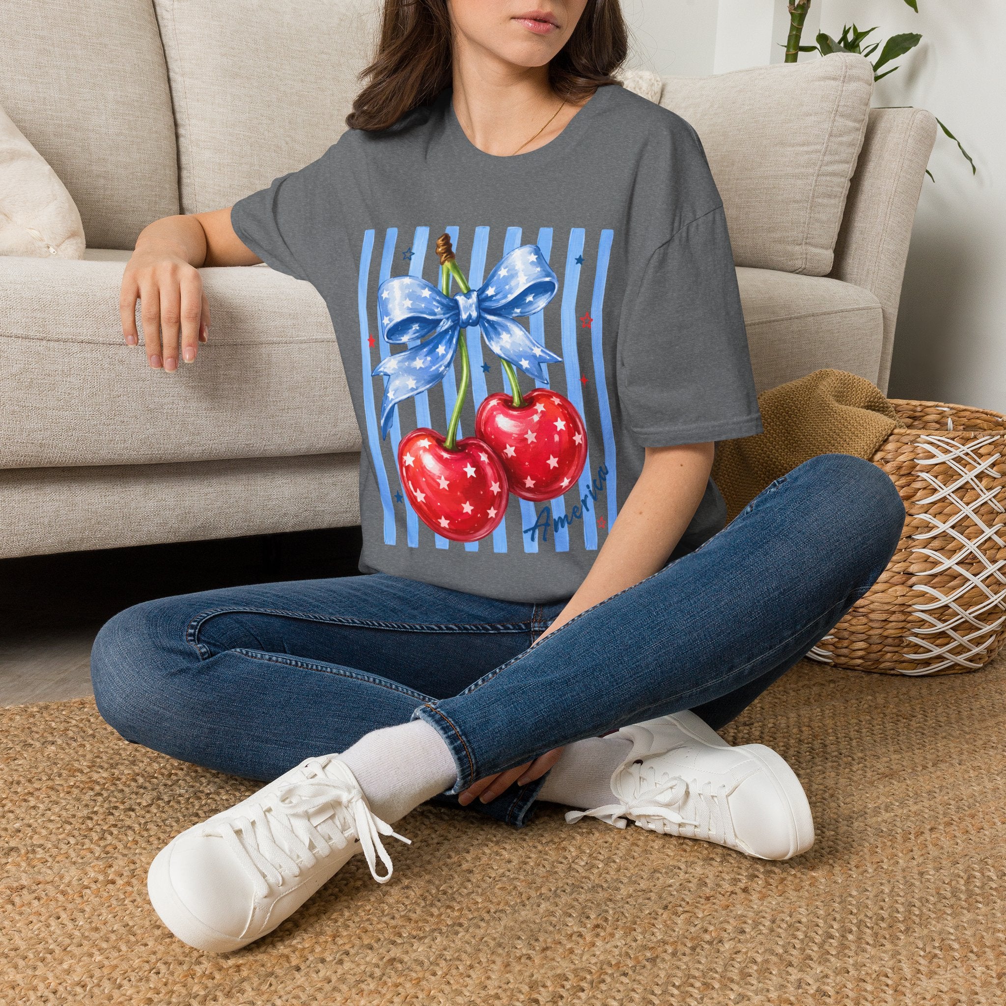 Cherry Graphic T-Shirt — Blue Bow & Striped Summer Tee