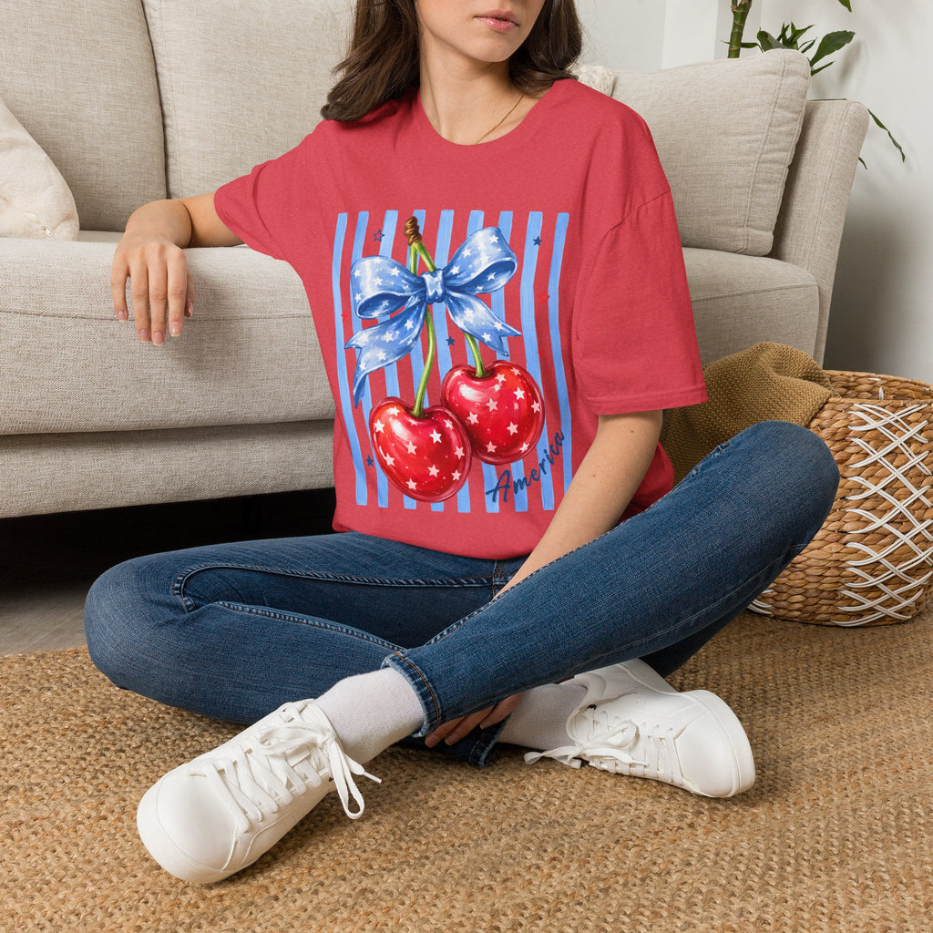Cherry Graphic T-Shirt — Blue Bow & Striped Summer Tee