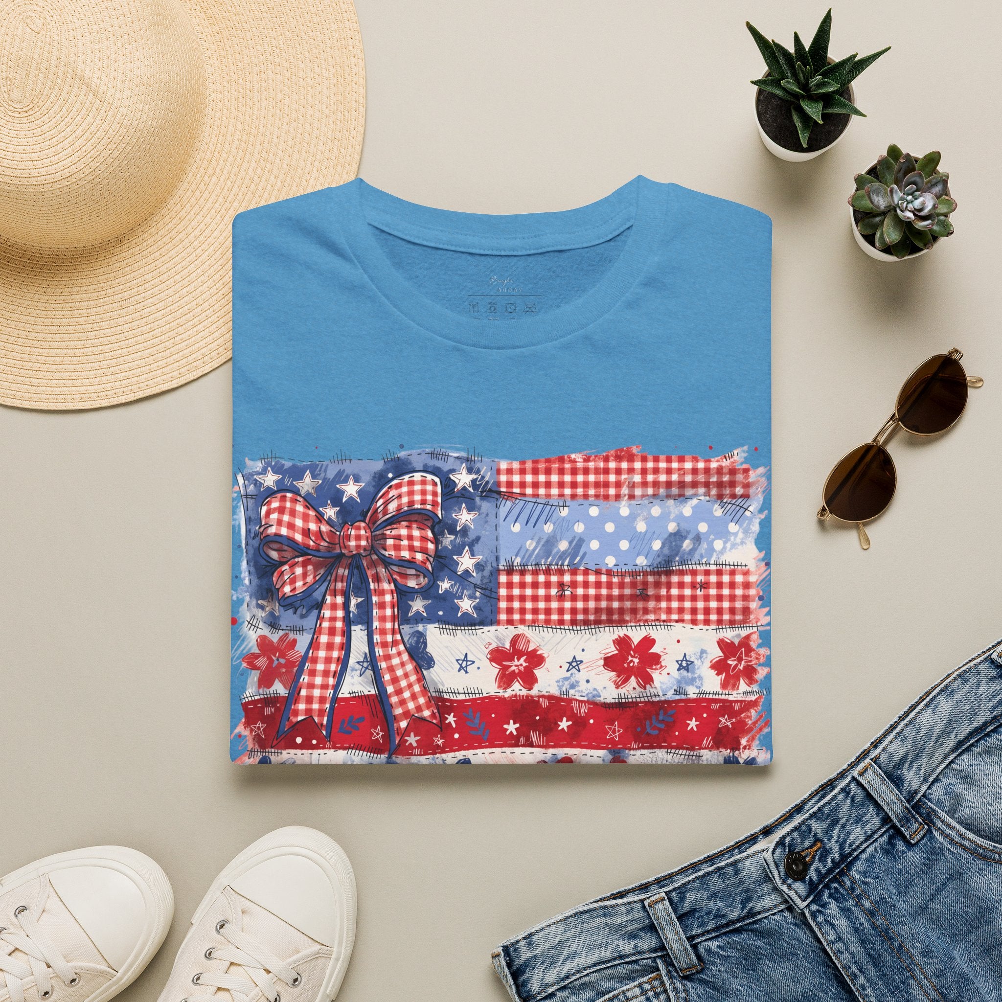 Patriotic Flag Bow T-Shirt — American Red White Blue Fourth of July Tee