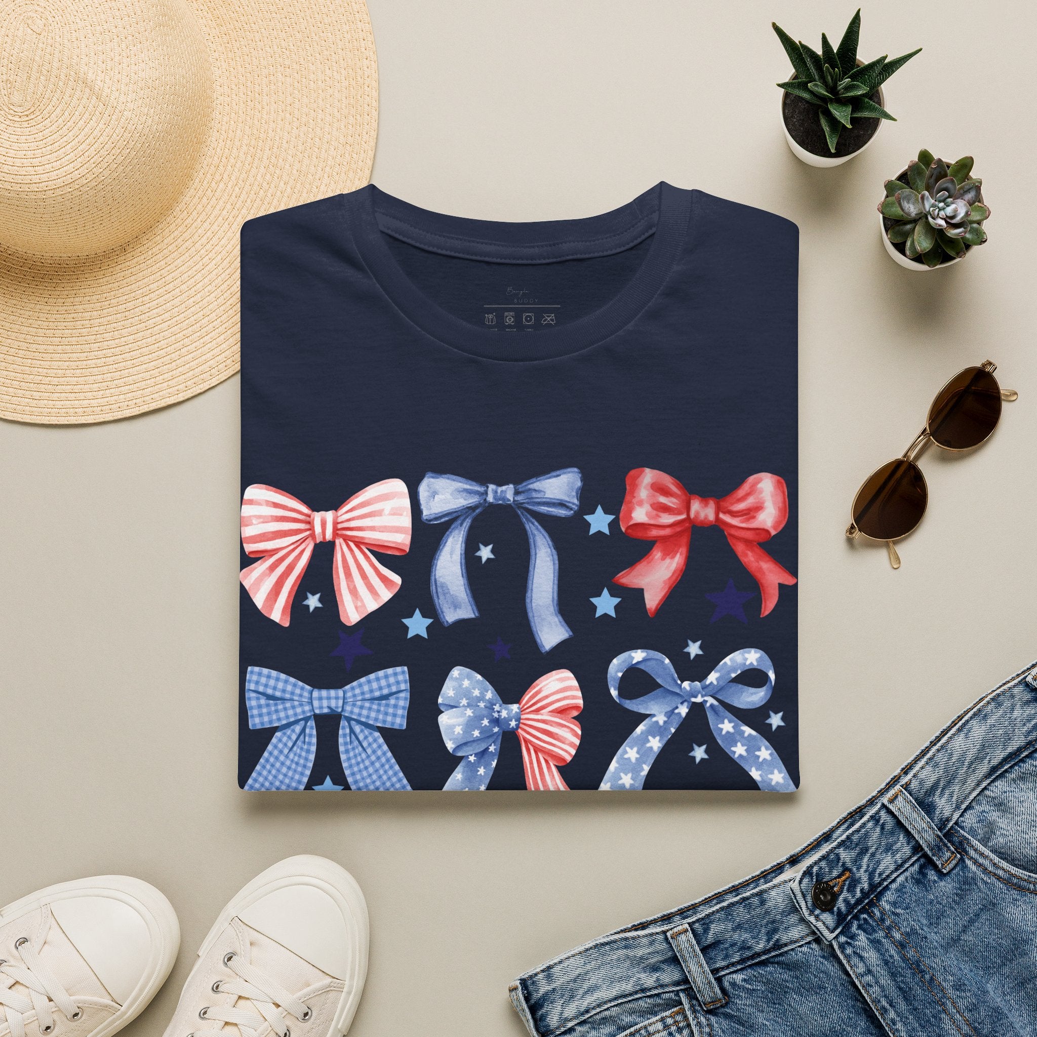 Patriotic Red White Blue Bow T-Shirt — Stars & Ribbon Graphic Tee