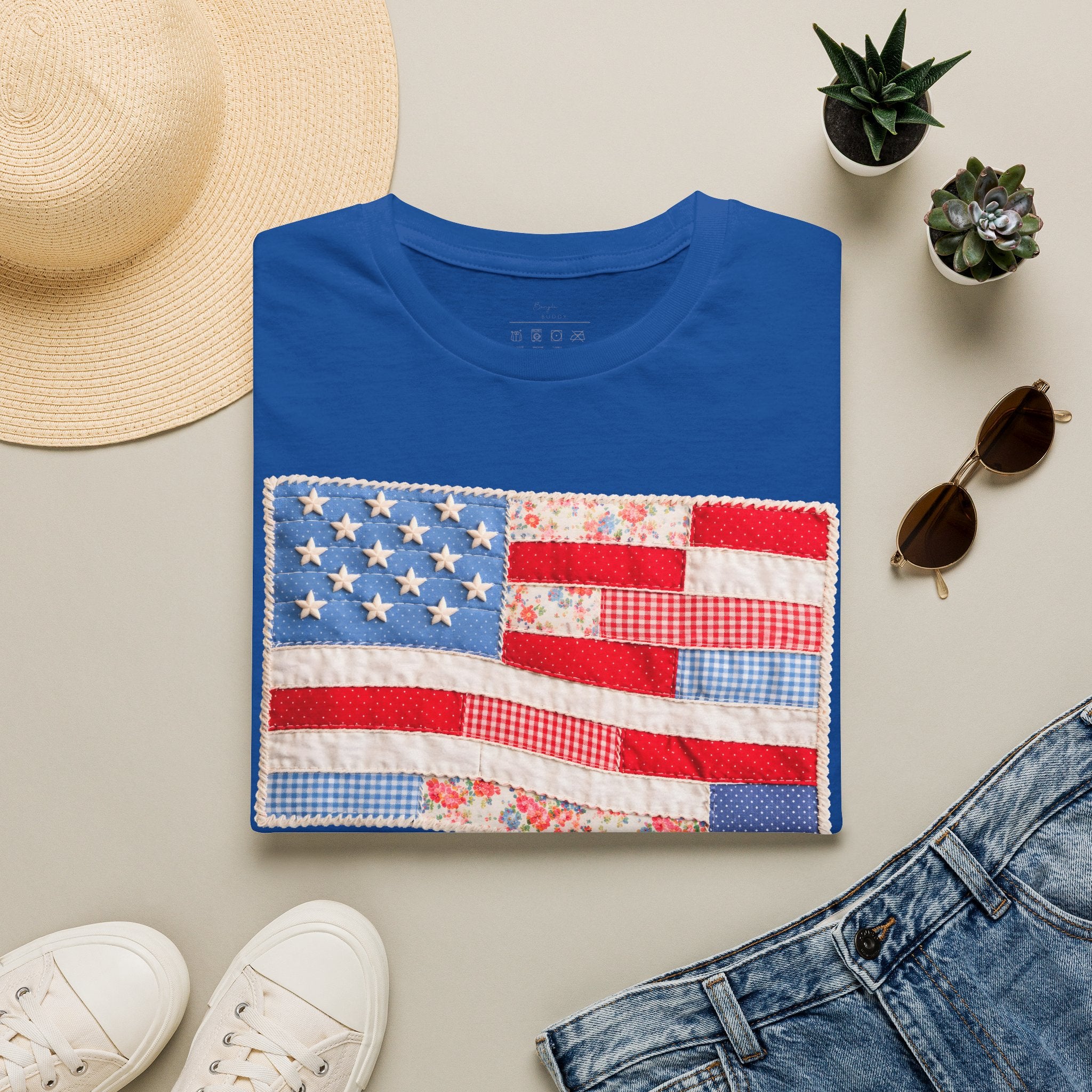 American Patchwork Flag T-Shirt — Vintage Floral Stars & Stripes Tee for 4th of July