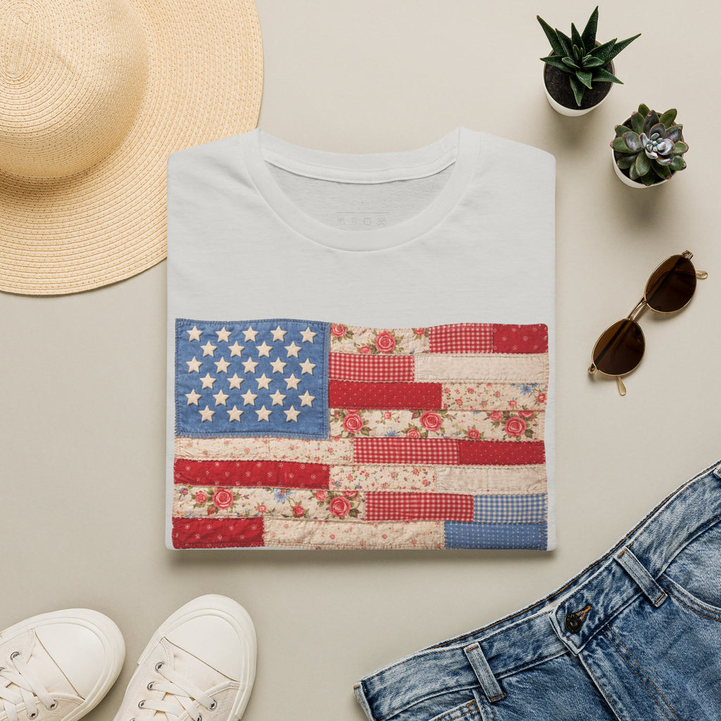 Patchwork American Flag T-Shirt — Vintage Floral Patriotic Tee