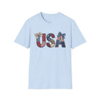 USA Patriotic T-Shirt — Distressed Flag Letters with Bows (4th of July)