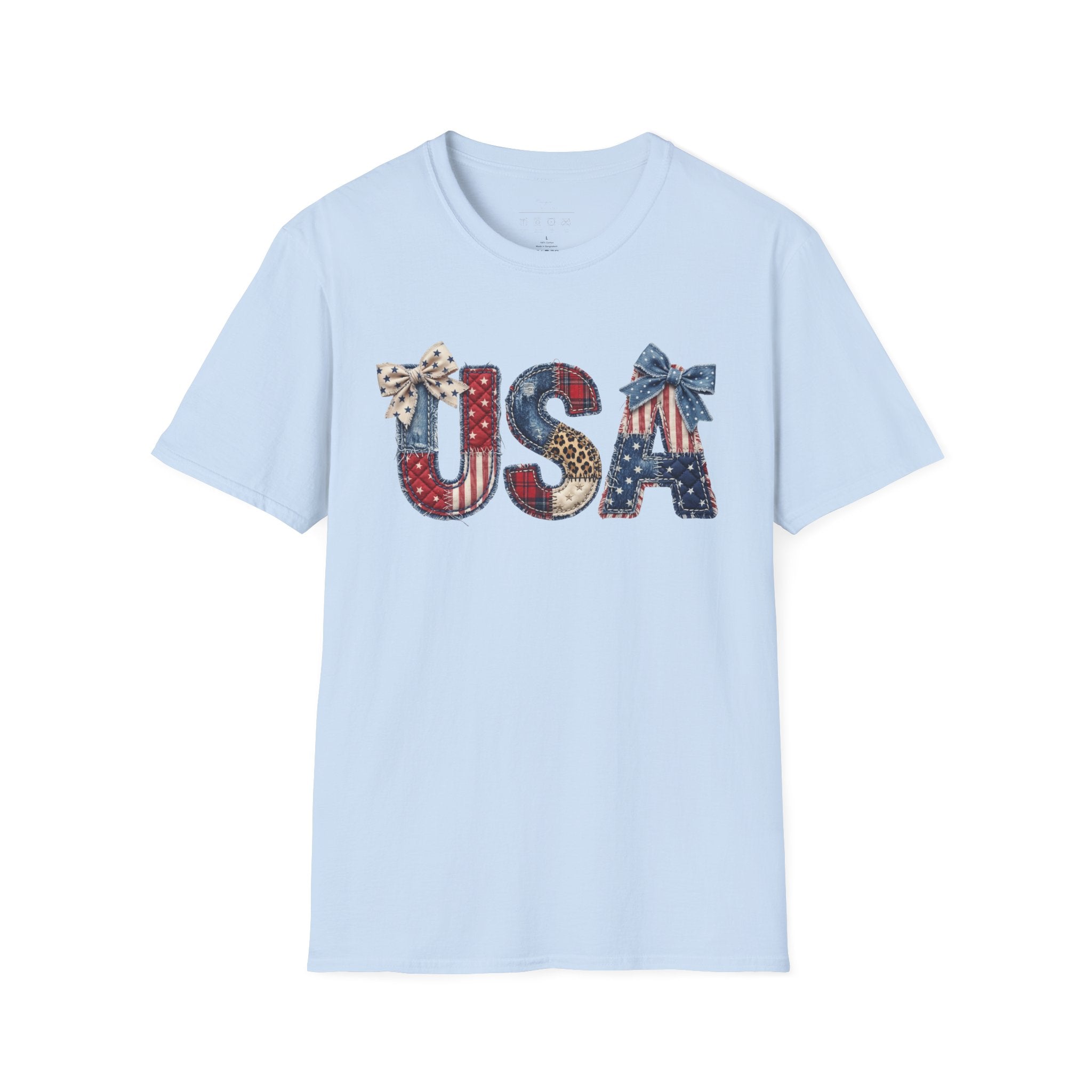 USA Patriotic T-Shirt — Distressed Flag Letters with Bows (4th of July)