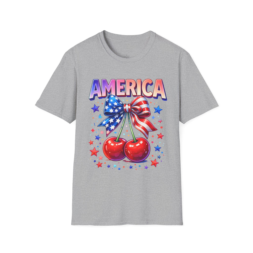 America Patriotic Cherry Graphic T-Shirt — USA Flag Bow 4th of July Tee