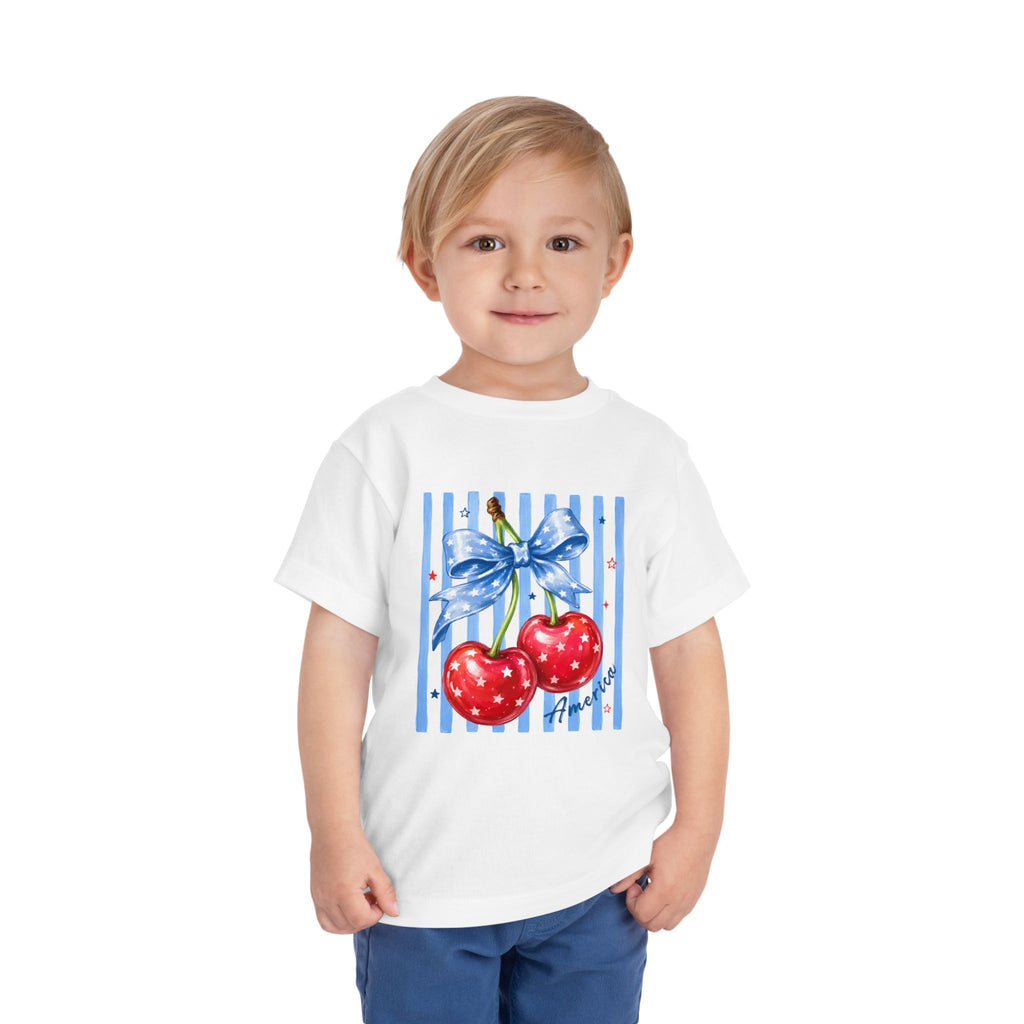 Toddler Tee Cherry Bow   — Cute Red Cherries with Blue Stripes