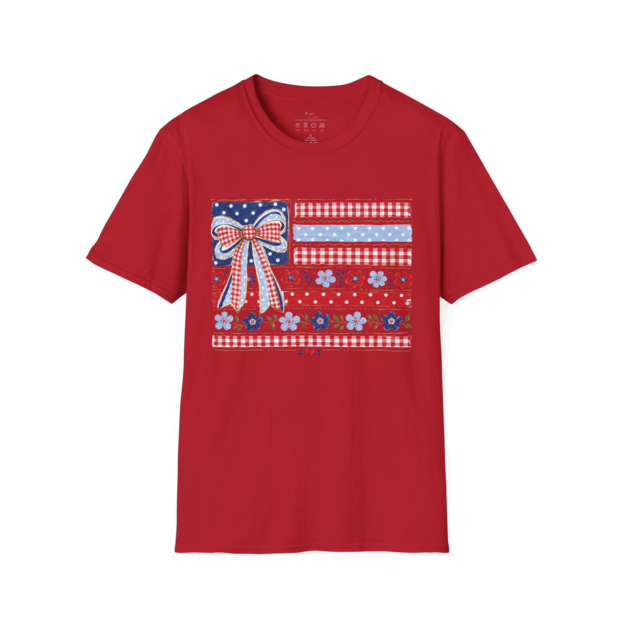 Patriotic Bow Flag T-Shirt – Red White Blue American Floral Plaid Tee