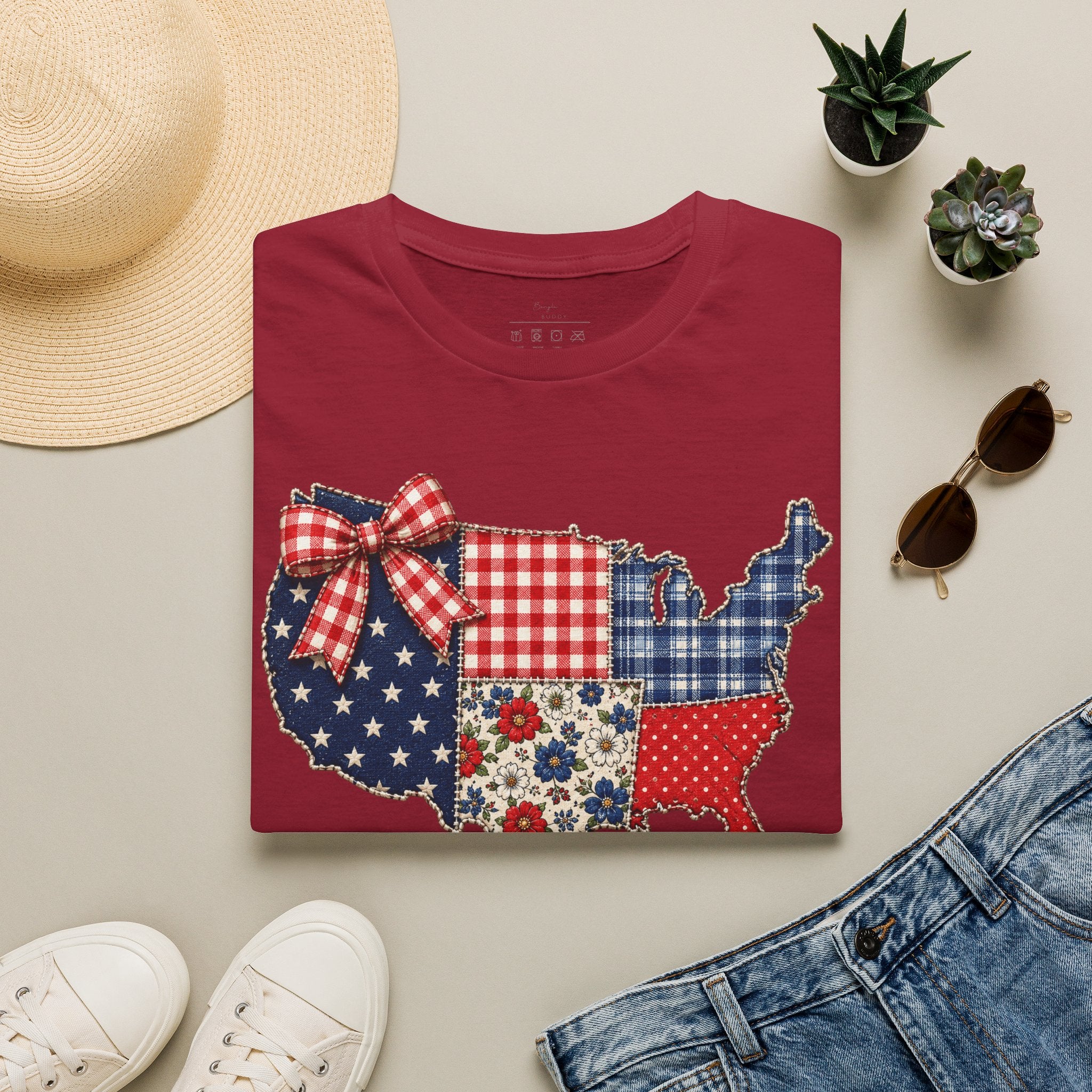 Patriotic Patchwork USA T-Shirt — Quilted Red White & Blue Map Tee