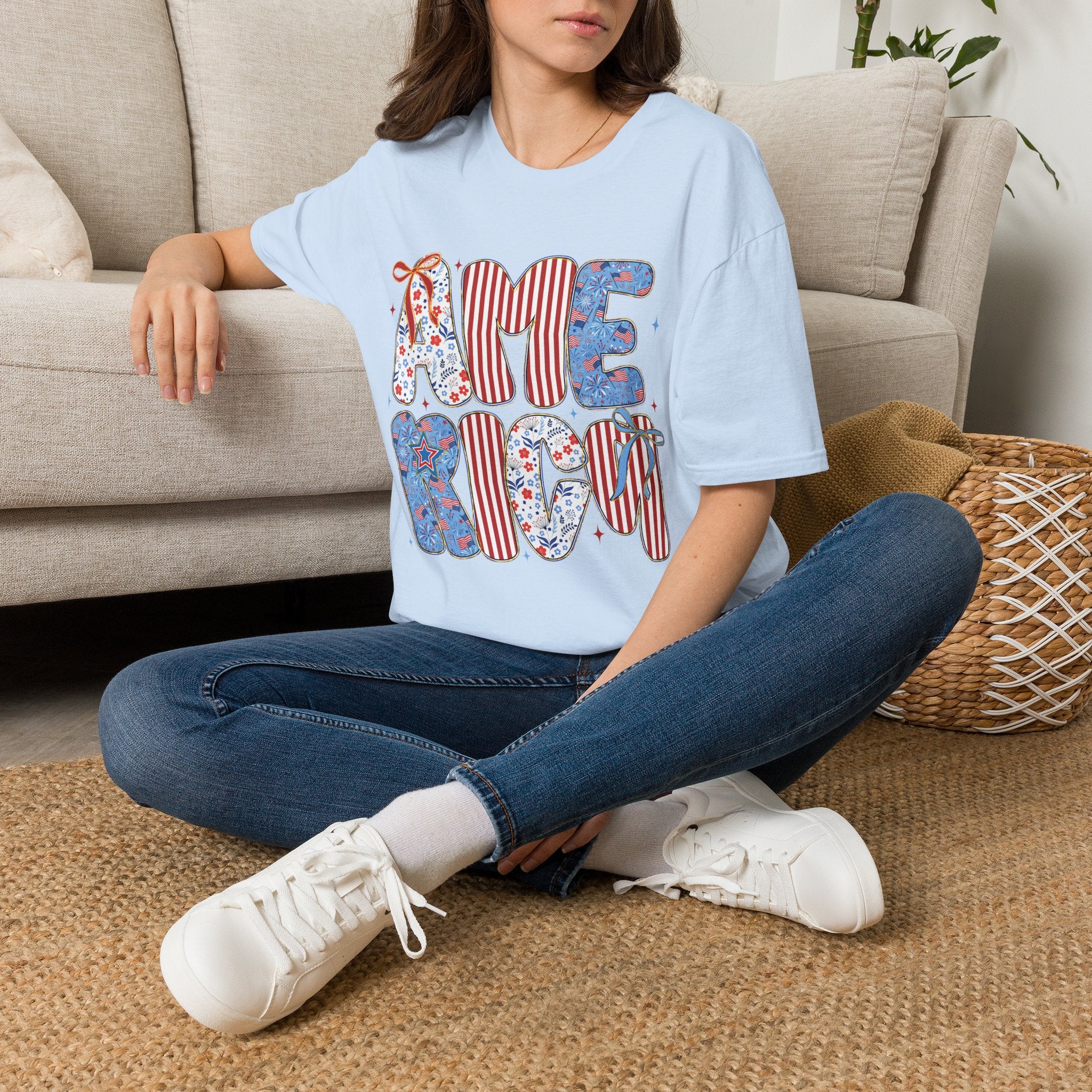 AME Retro Patriotic T-Shirt — Red White Blue Floral & Stripes Graphic Tee