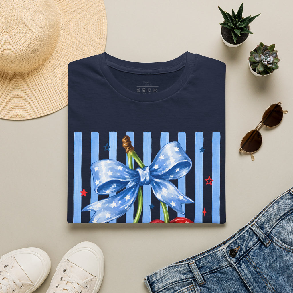 Cherry Graphic T-Shirt — Blue Bow & Striped Summer Tee
