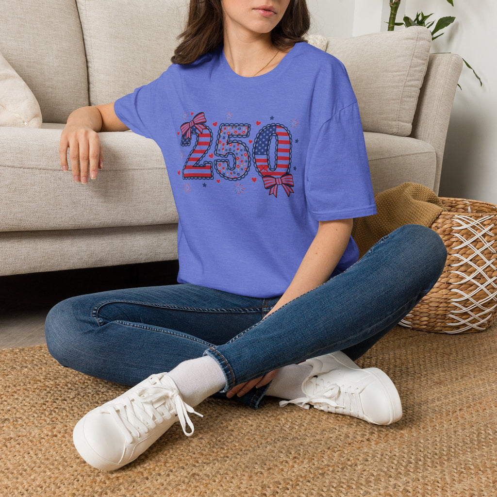 250 Patriotic T-Shirt — USA Flag Number Tee with Stars & Bows (Fourth of July)