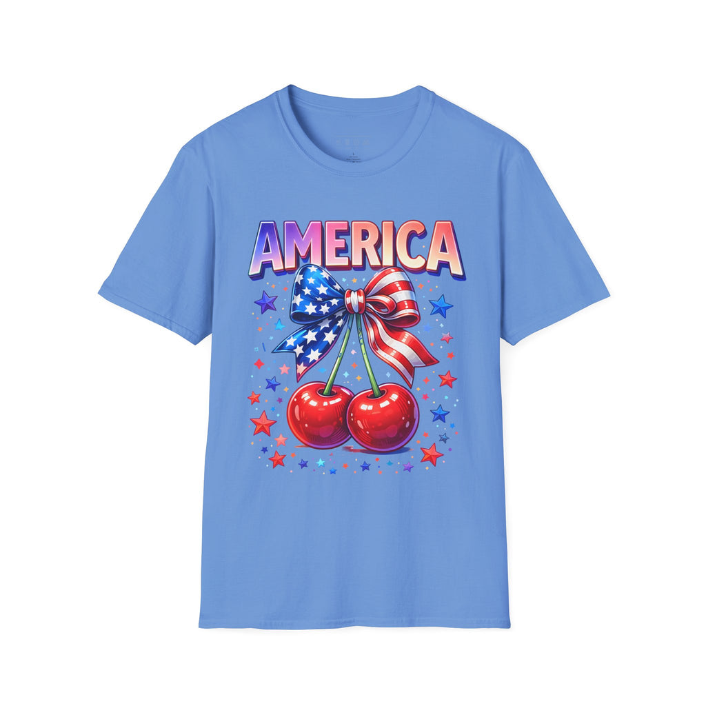 America Patriotic Cherry Graphic T-Shirt — USA Flag Bow 4th of July Tee