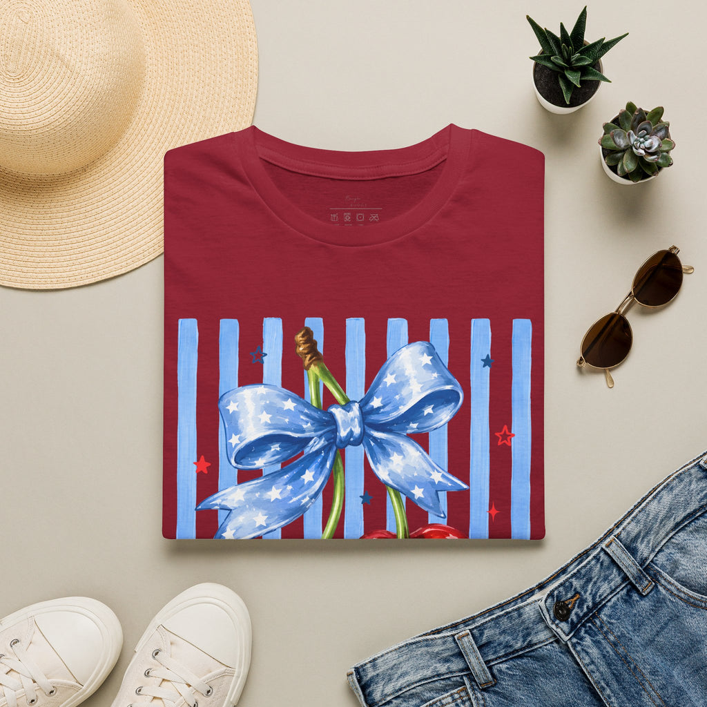 Cherry Graphic T-Shirt — Blue Bow & Striped Summer Tee