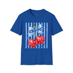 Cherry Graphic T-Shirt — Blue Bow & Striped Summer Tee