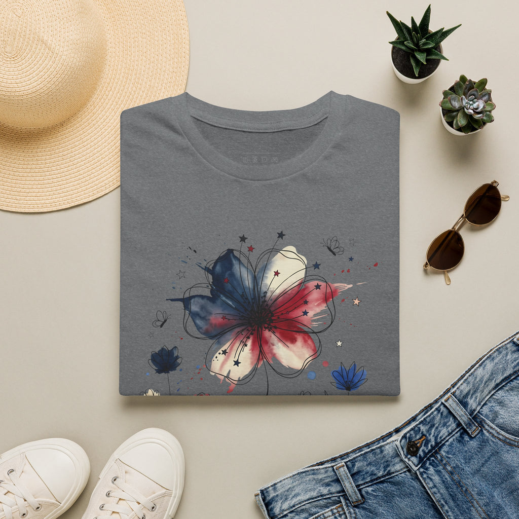 Butterfly Watercolor T-Shirt — Patriotic Red White Blue Floral Graphic