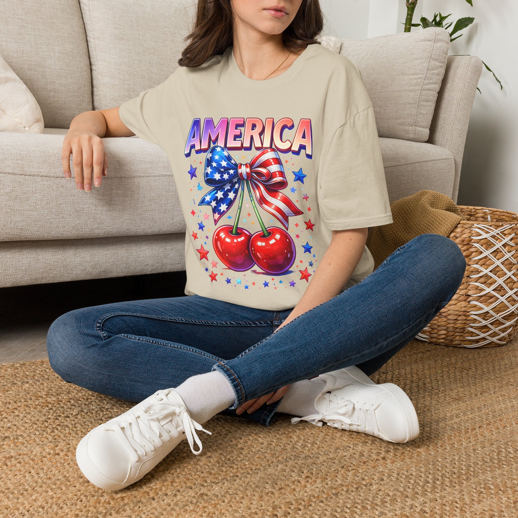 America Patriotic Cherry Graphic T-Shirt — USA Flag Bow 4th of July Tee