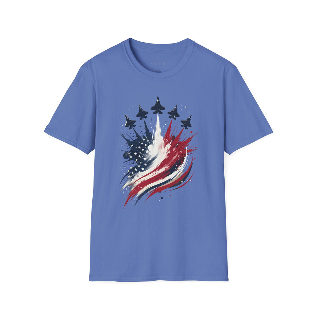 T-Shirt — Patriotic Jet Flyover with American Flag Splash