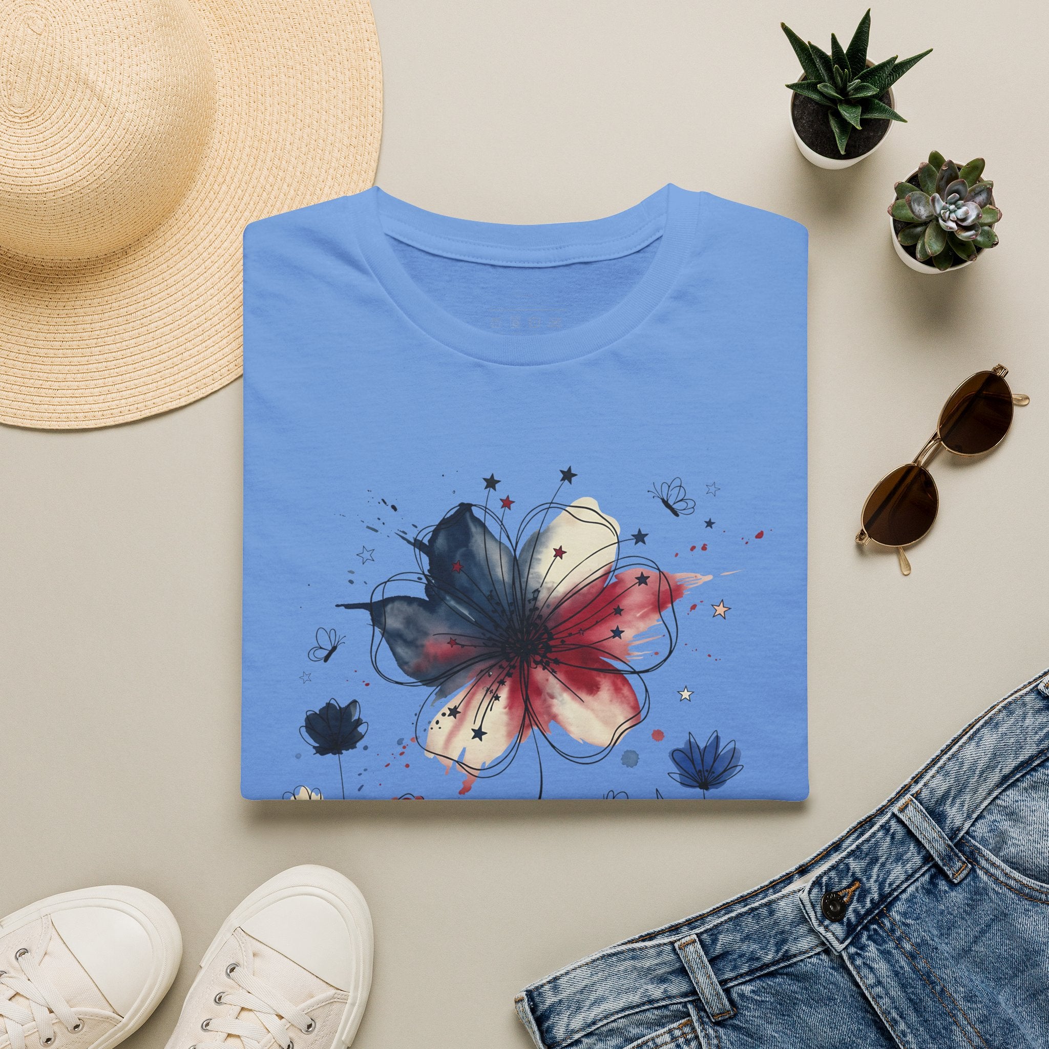 Butterfly Watercolor T-Shirt — Patriotic Red White Blue Floral Graphic