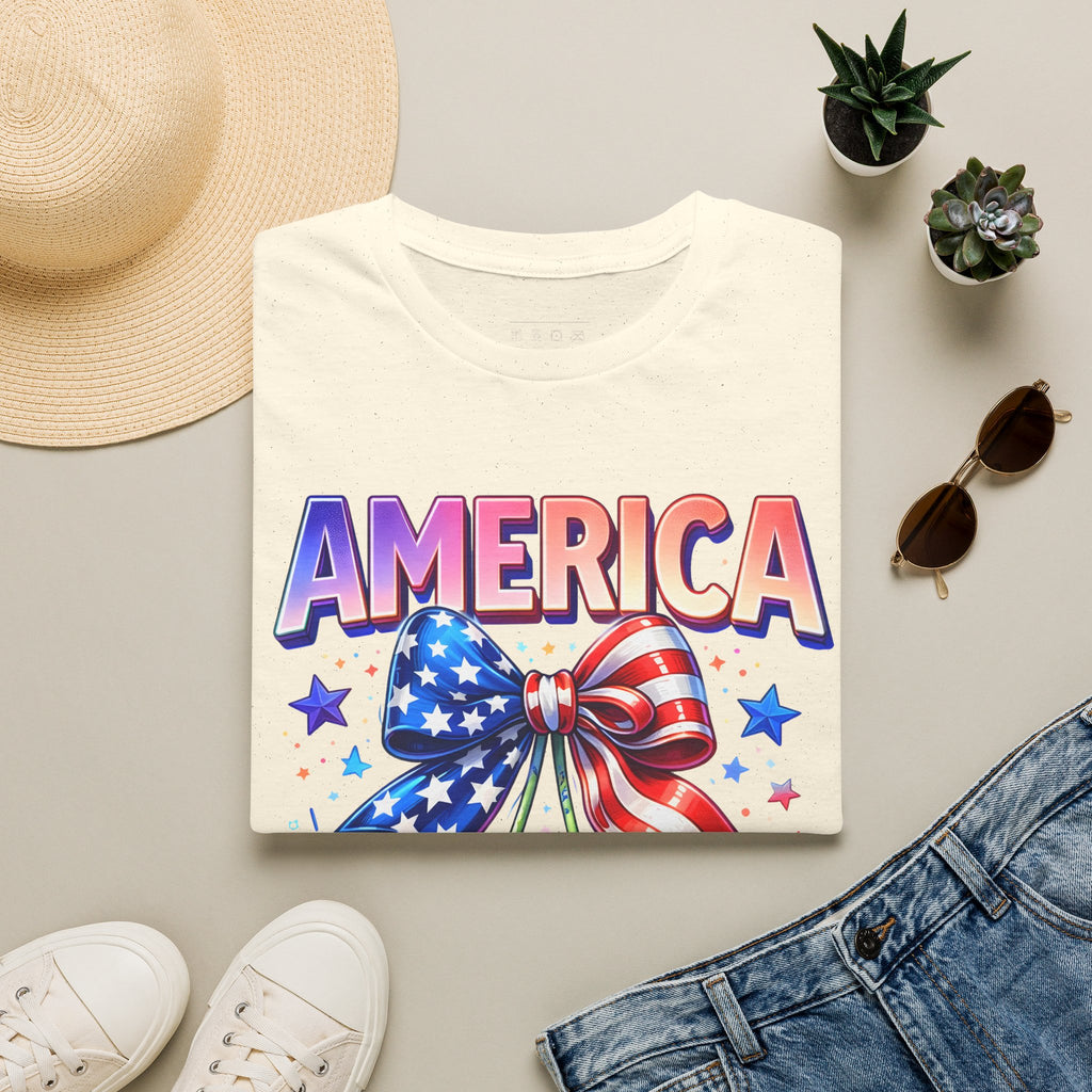 America Patriotic Cherry Graphic T-Shirt — USA Flag Bow 4th of July Tee