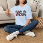 USA Patriotic T-Shirt — Distressed Flag Letters with Bows (4th of July)