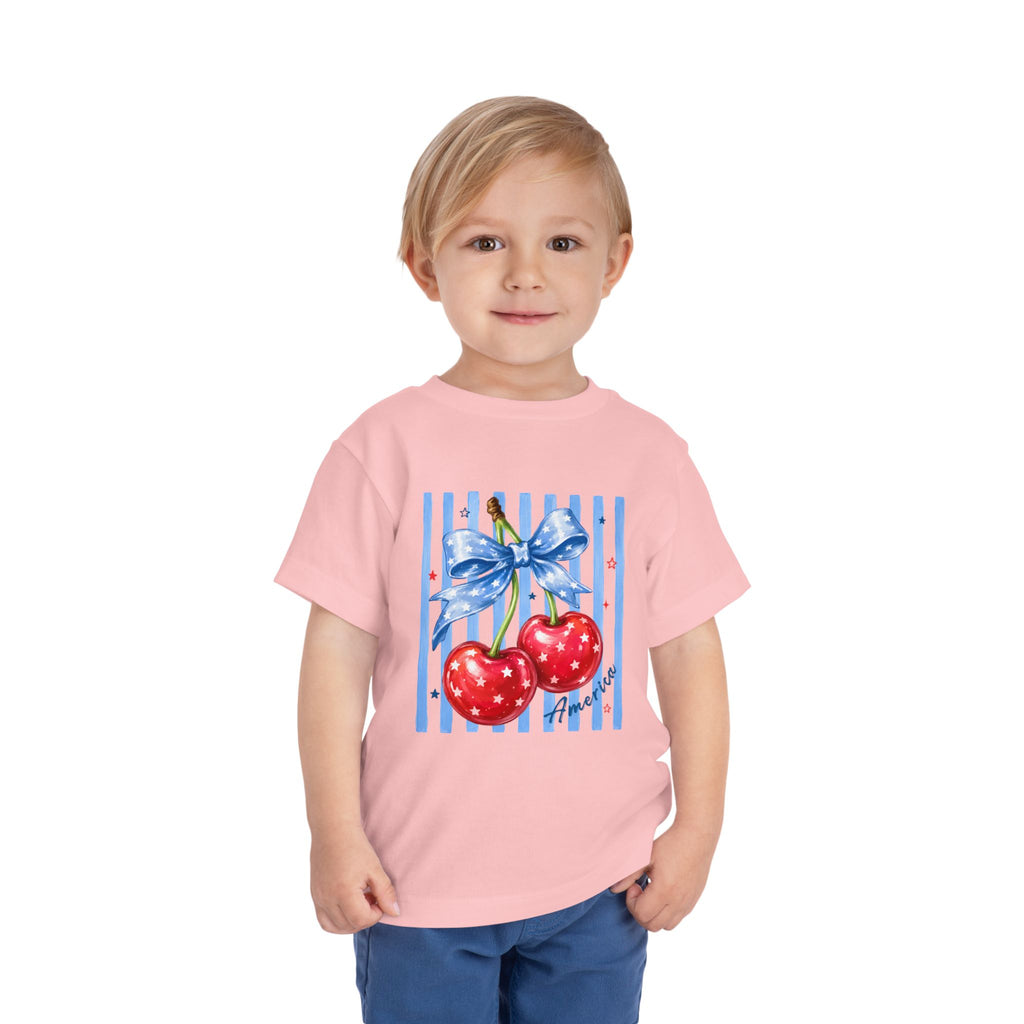Toddler Tee Cherry Bow   — Cute Red Cherries with Blue Stripes