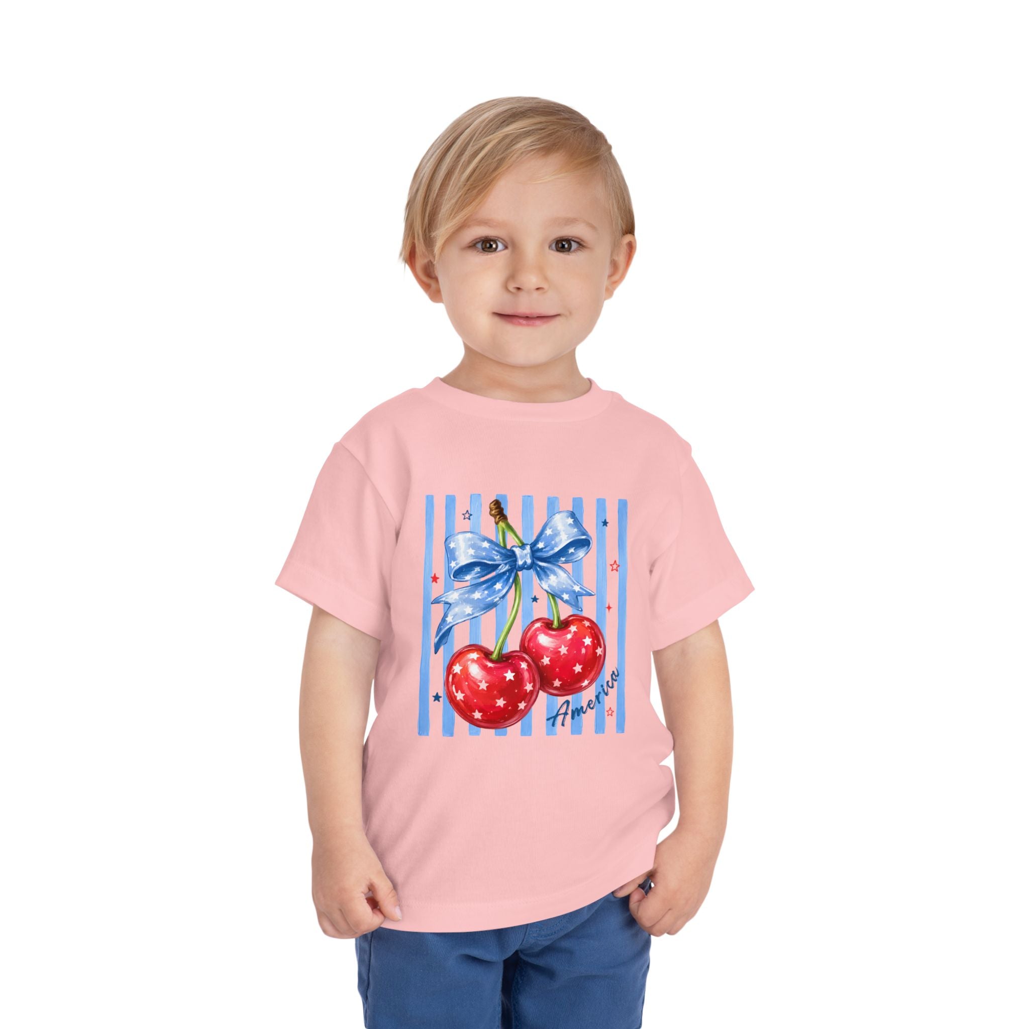 Toddler Tee Cherry Bow   — Cute Red Cherries with Blue Stripes