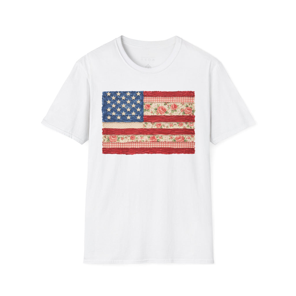 Patriotic Floral American Flag T-Shirt — Vintage Rose USA Tee for Fourth of July