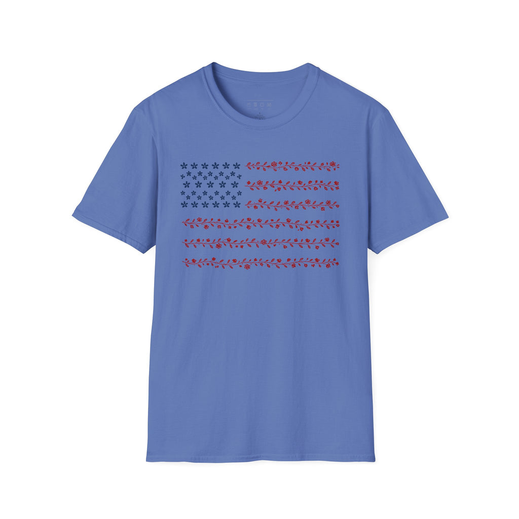 Floral American Flag T-Shirt — Patriotic Red & Blue Botanical Tee for 4th of July