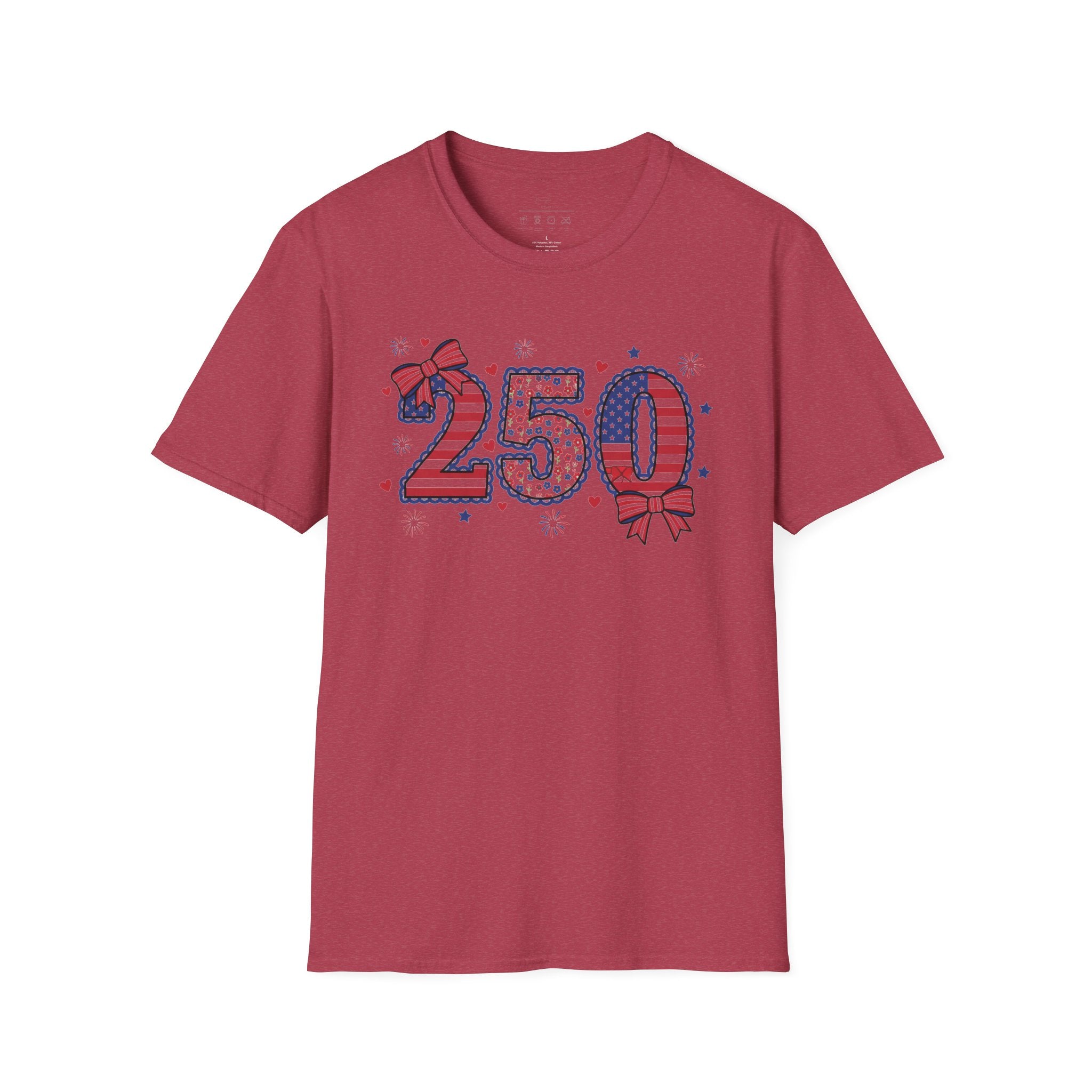 250 Patriotic T-Shirt — USA Flag Number Tee with Stars & Bows (Fourth of July)